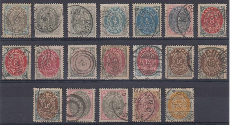 Denmark 1875 — Scott 25-31 & 33-34 top values