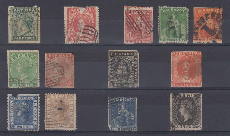 British Commonwealth 1860 — Group of 13 forgeries on card including Antigua, Bahamaas, Barbados, Bermuda, British…