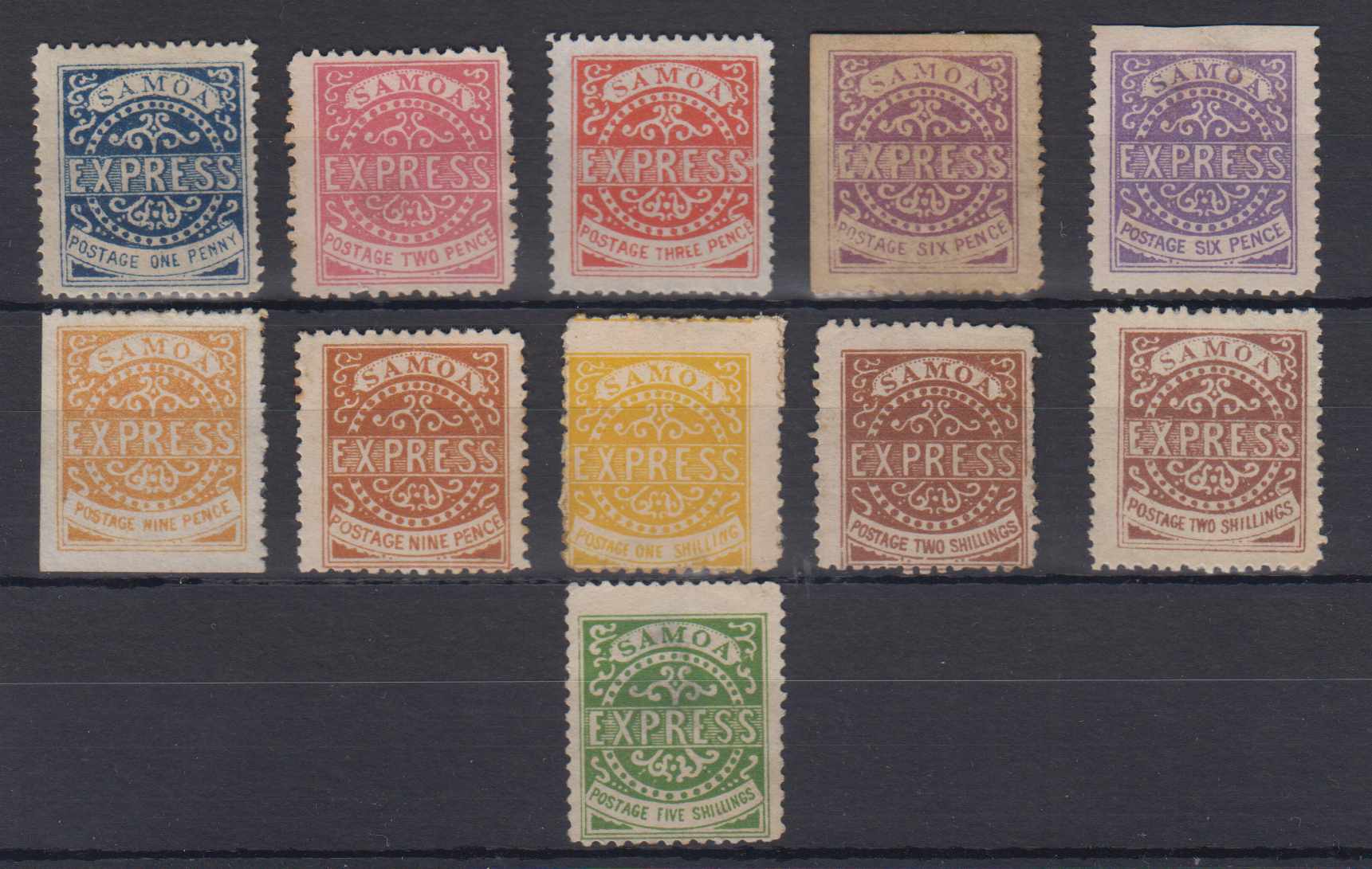 Samoa 1877 — Scott group of 11 reprints on card including top values