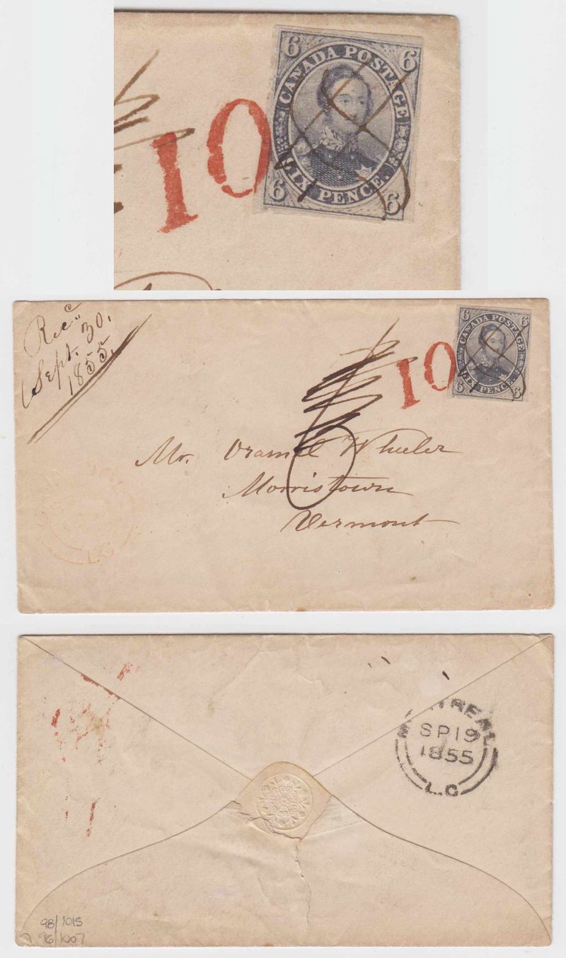 Canada 1855 — Scott 5 on cover, pen cancelled to Vermont with manuscript "6" due rate, crossed…