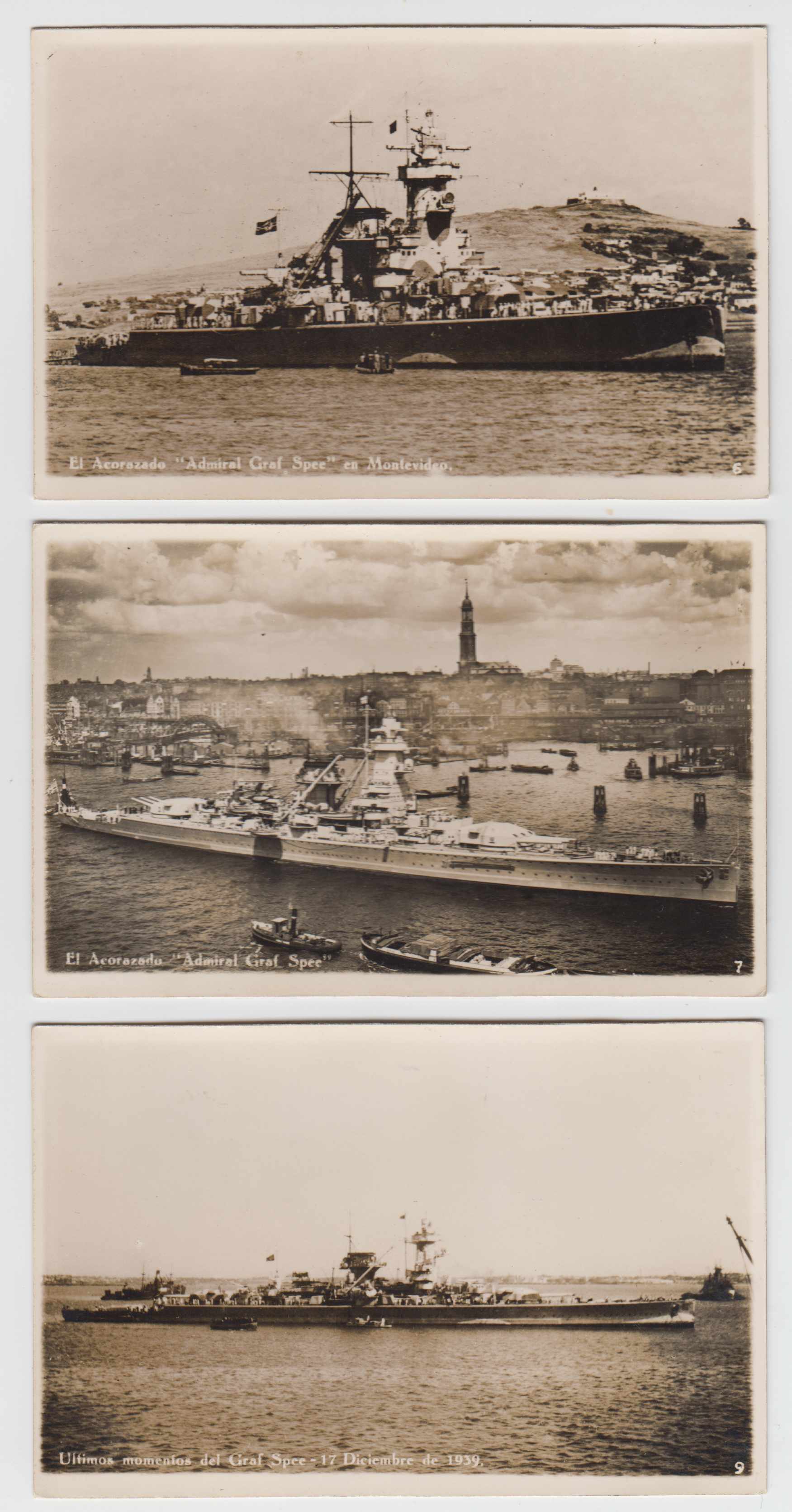 Uruguay 1939 — Superbe collection of 7 photo Ppc's from the Admiral Graf Spee sinking in Montevideo