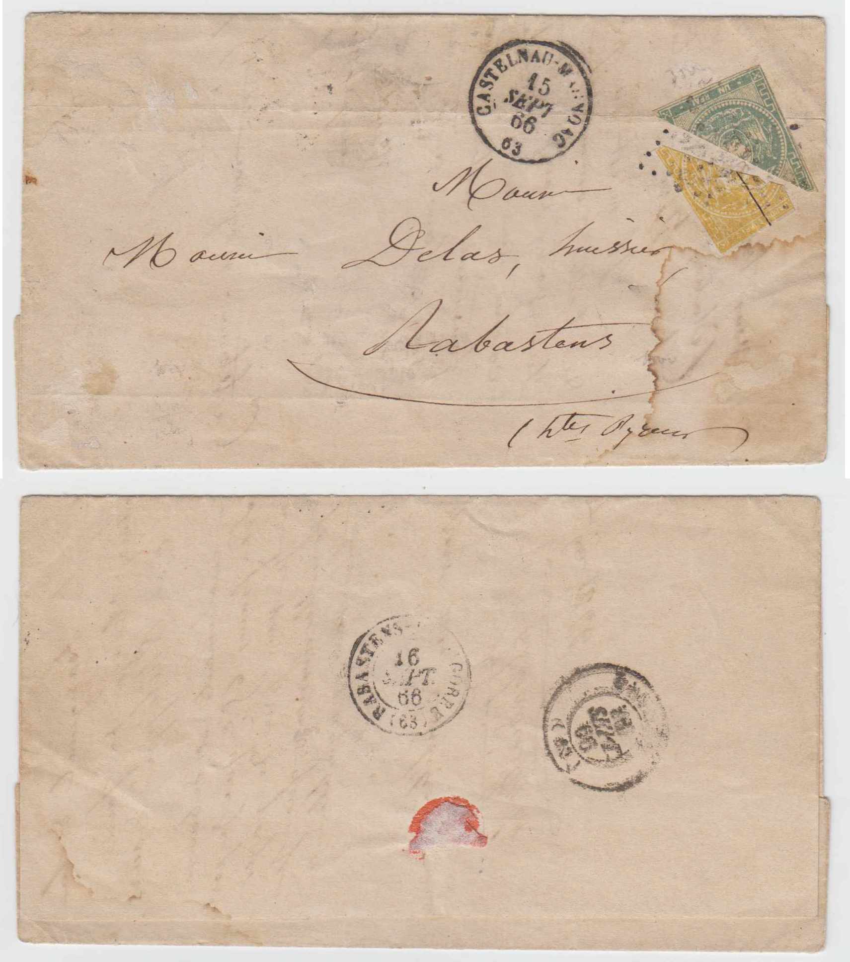 Ecuador 1866 — Scott 4c & 5a, halves on cover