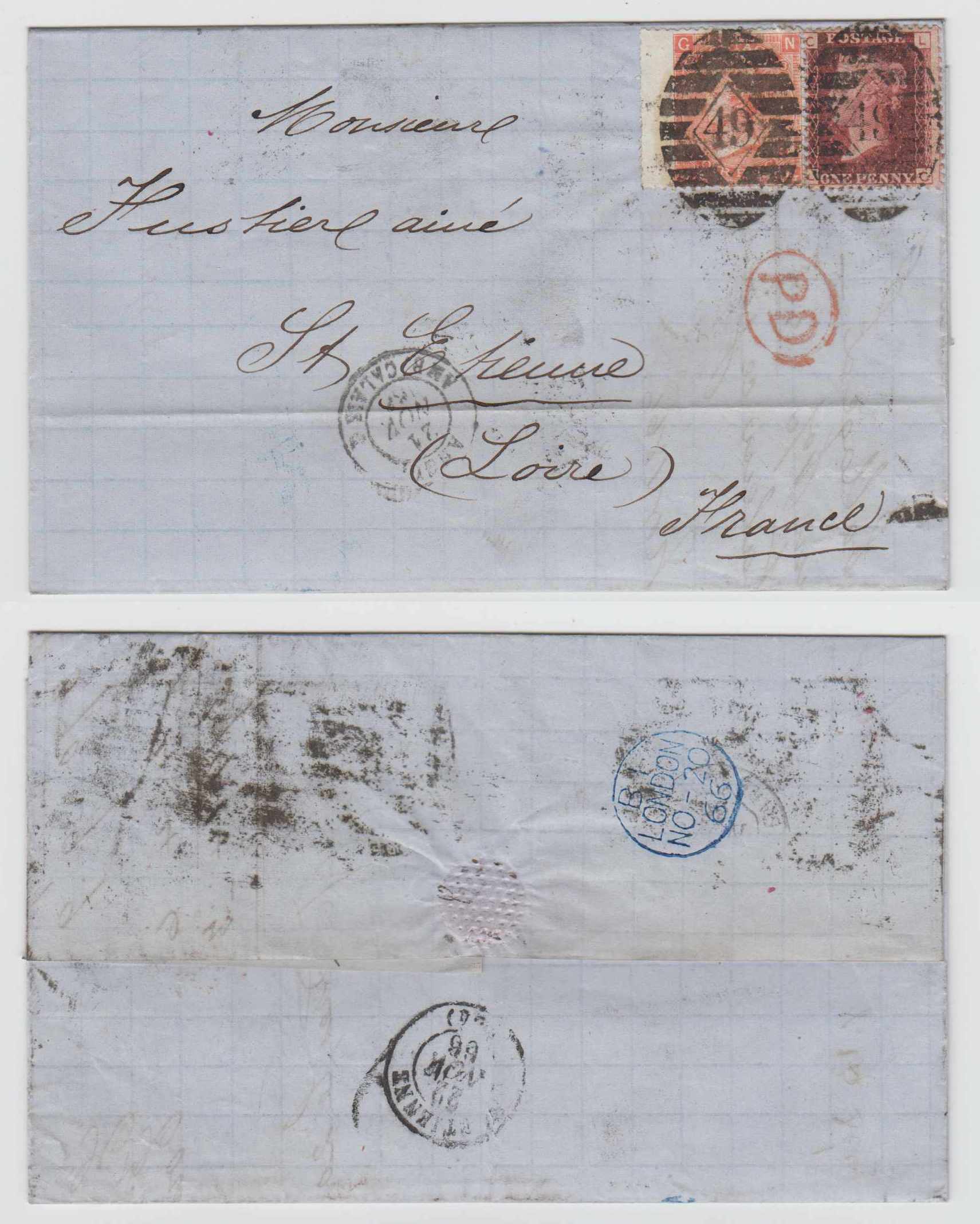 Great Britain 1866 — Scott 33a plate 74 & 43a plate 8 on letter tied by oval numeral 49 cancel to St