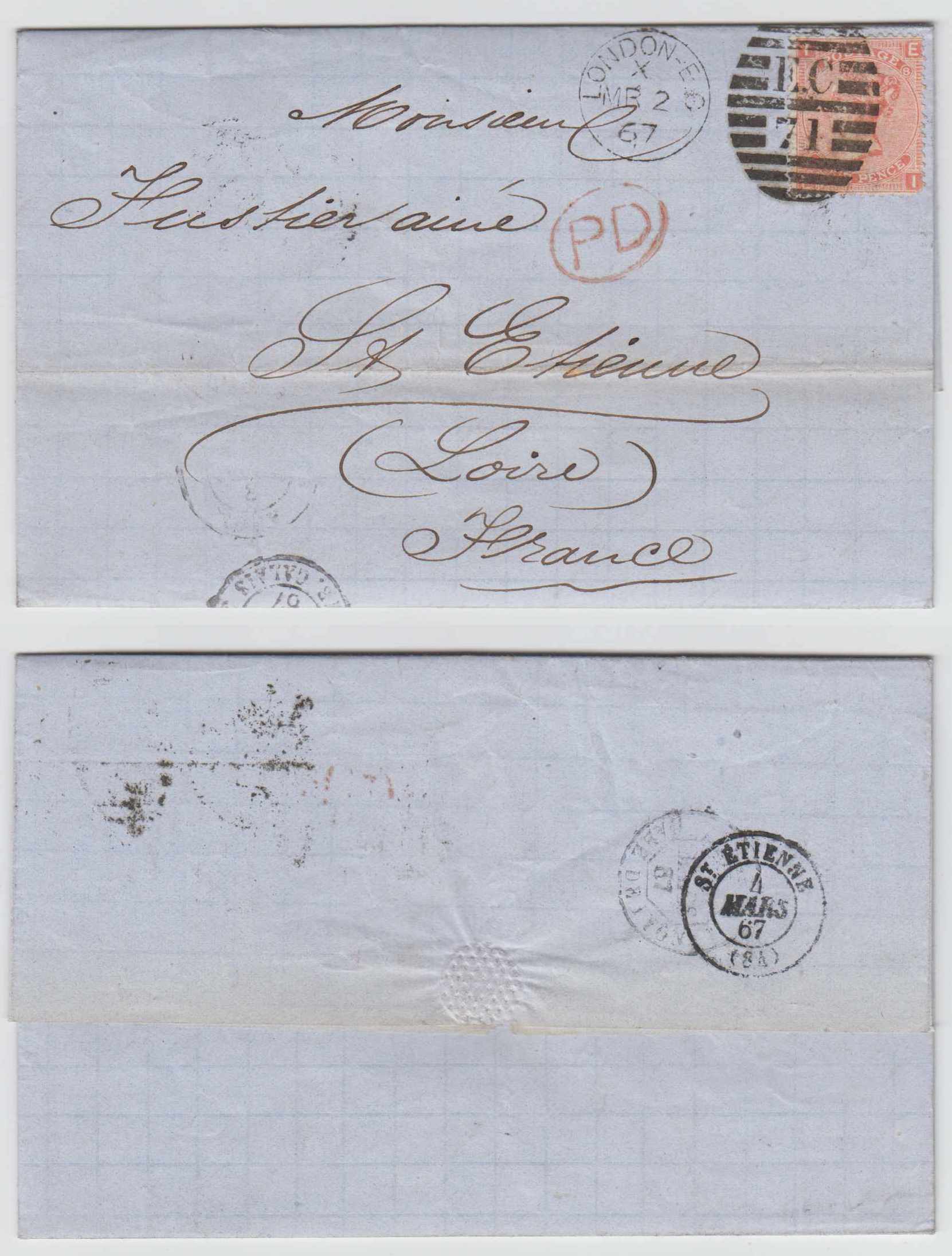 Great Britain 1867 — Scott 43aa, plate 8 on Els with choice duplex London, EC 71 to Loire, St