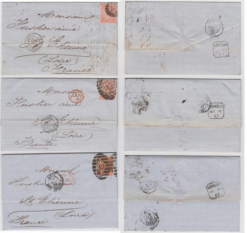 Great Britain 1867 — Scott 43a, plate 8 on letter & two Els' tied by oval numerals 46, 48 & 49 cancels to St