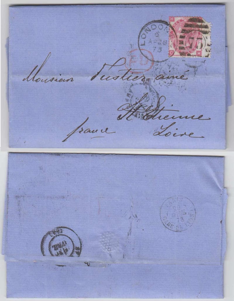Great Britain 1873 — Scott 49a, plate 10, sidewing single on Els tied by duplex London 73 cancel to St