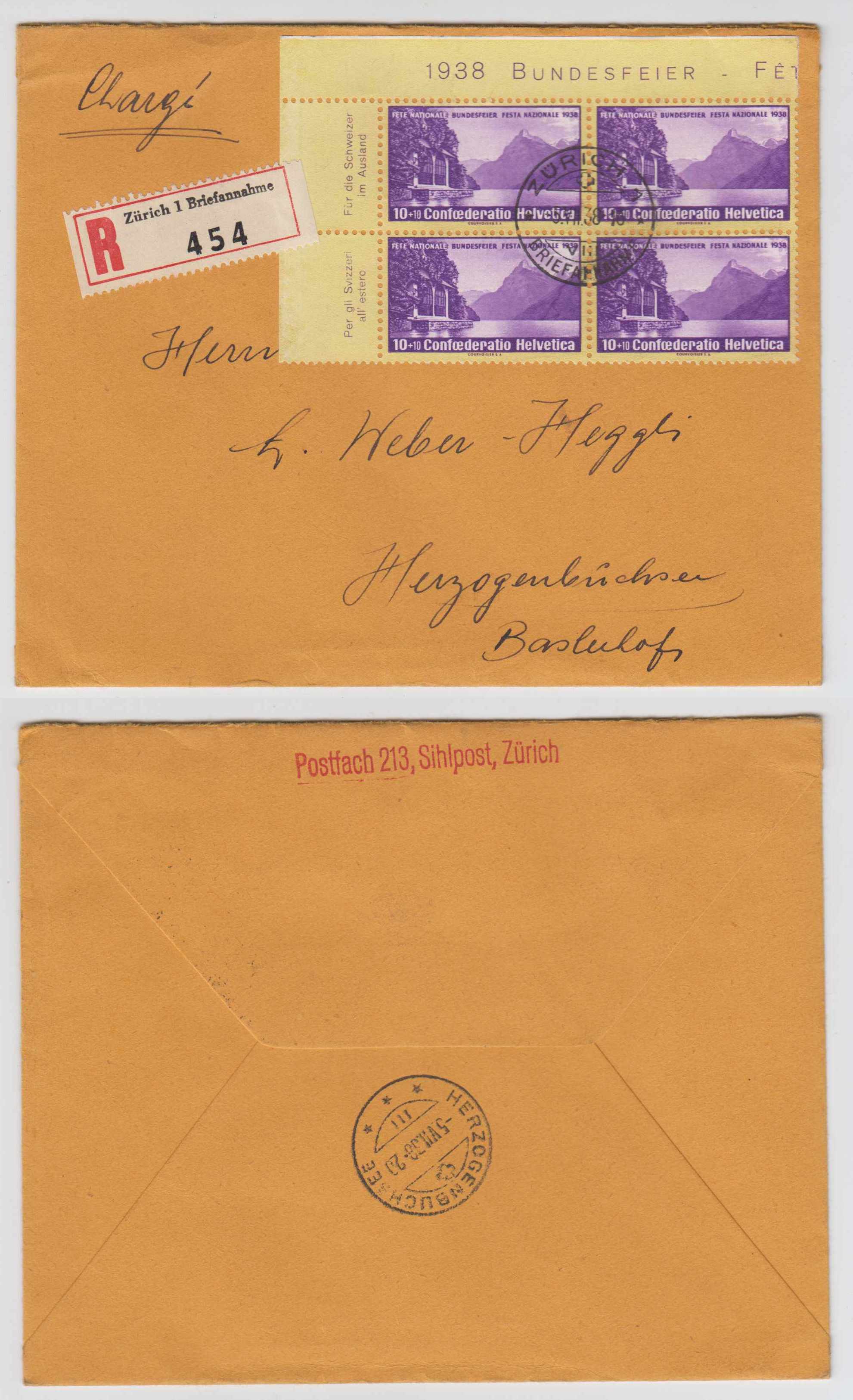 Switzerland 1938 — Scott B90 corner marginal deco block of four on R-cover, Zurich to Herzogenbuchsee with…