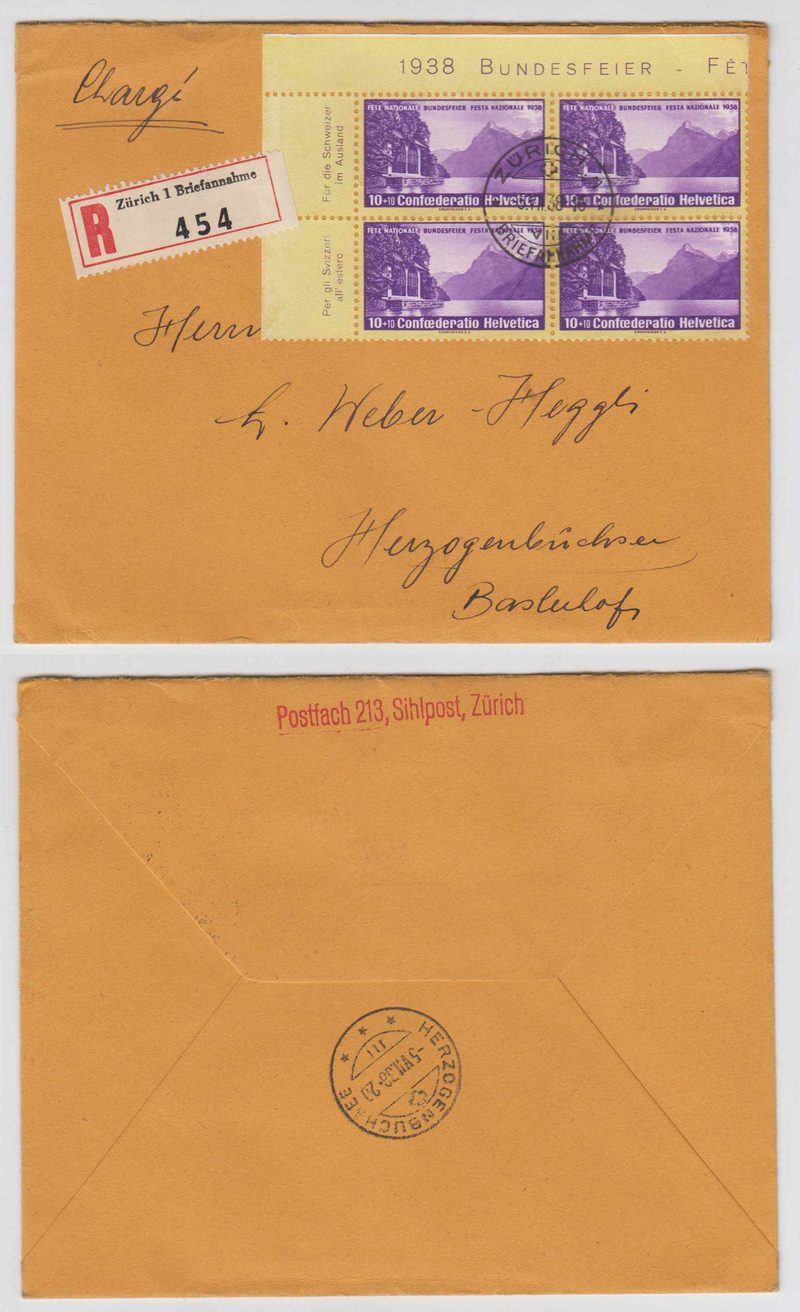 Switzerland 1938 — Scott B90 corner marginal deco block of four on R-cover, Zurich to Herzogenbuchsee…