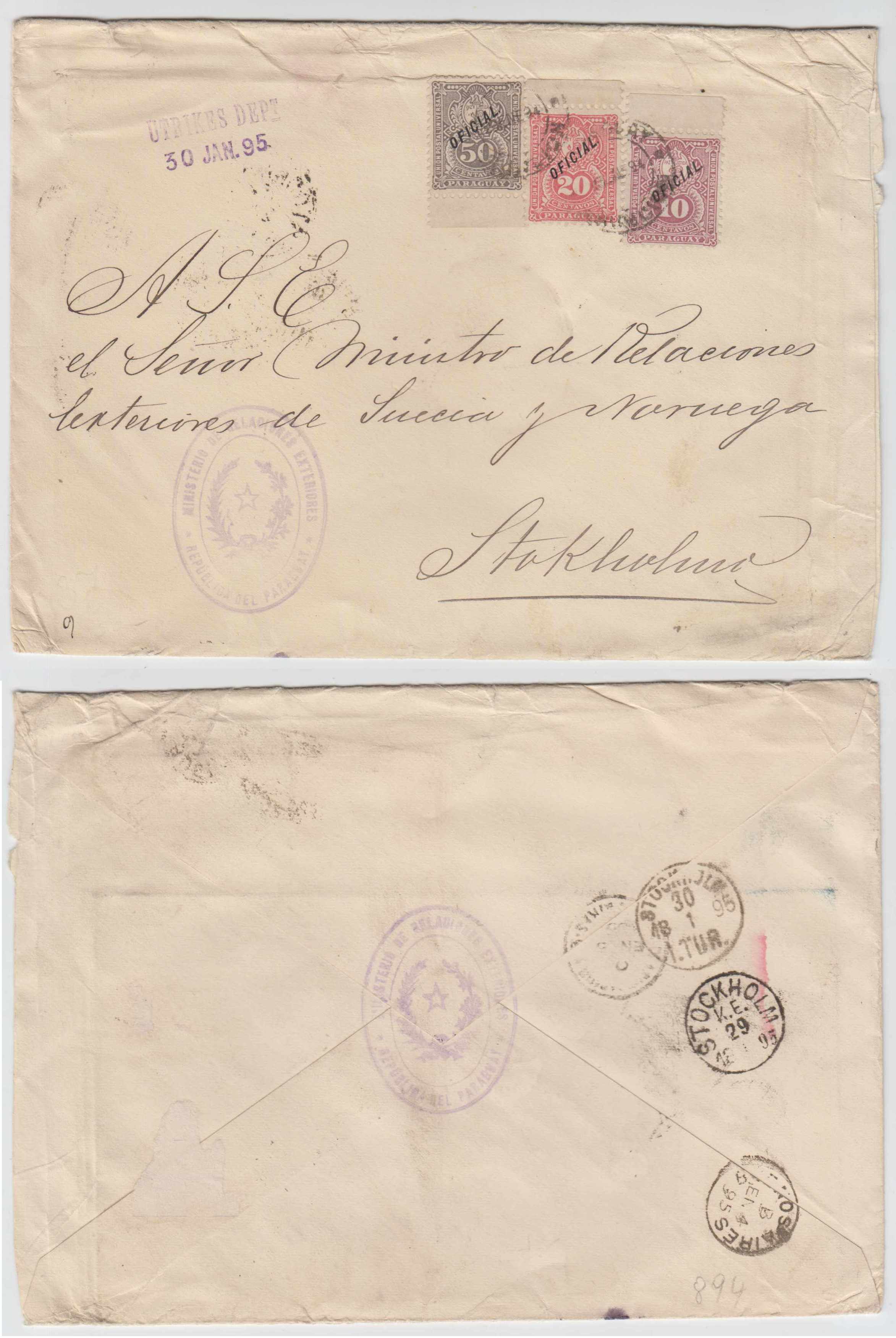 Paraguay 1895 — Superbe official cover to Stockholm, Sweden!