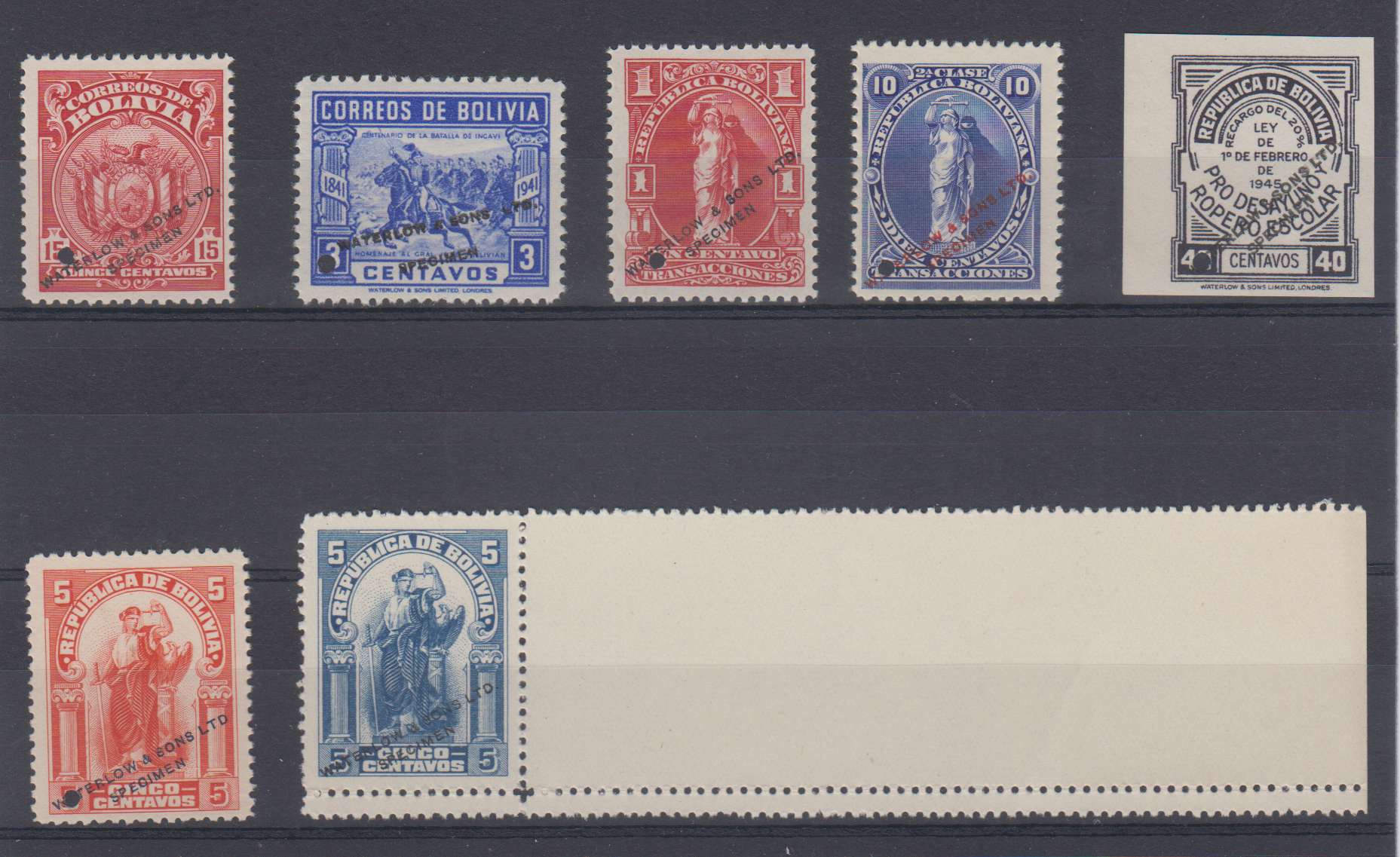 Bolivia — Full run of the Waterlow Specimens for the country Scott 145, 282, Yvert Fp6, Fp9,…
