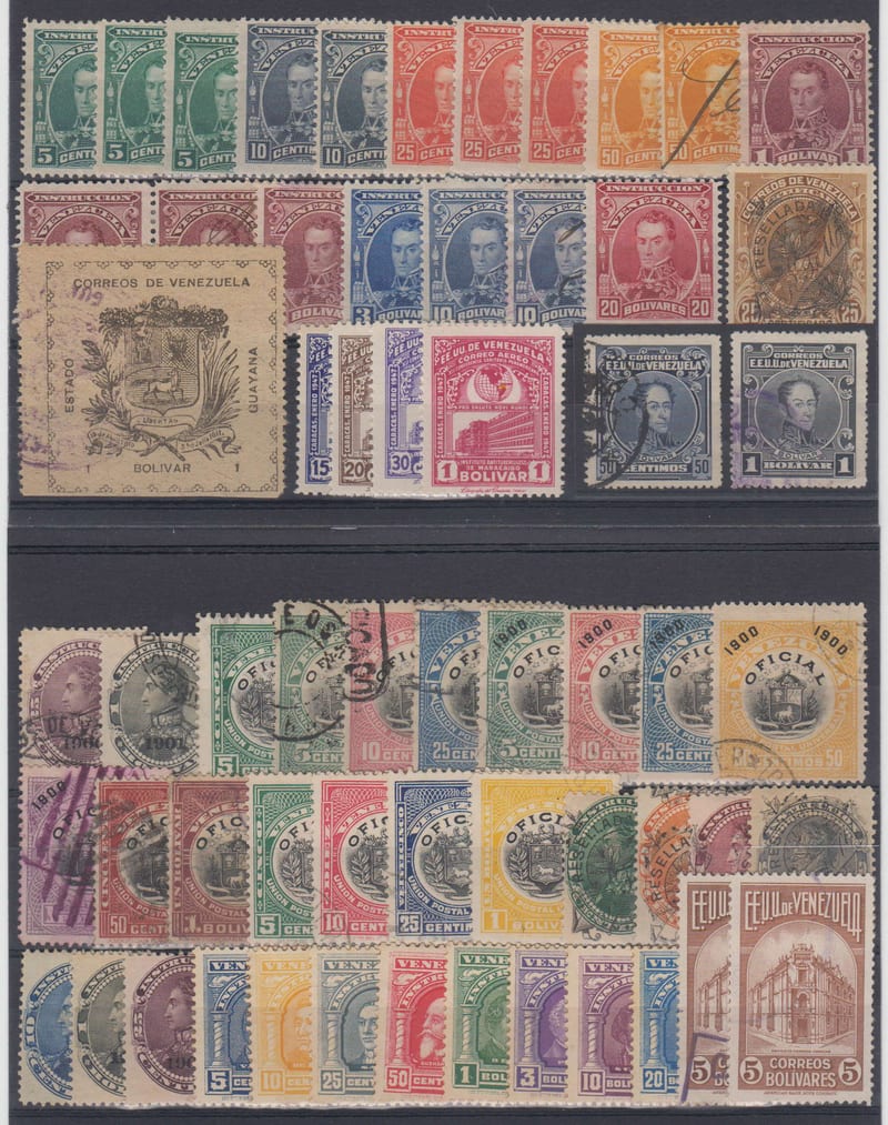Venezuela 1890 — Group of 60 stamps on card including ordinary, official & back of the book issues