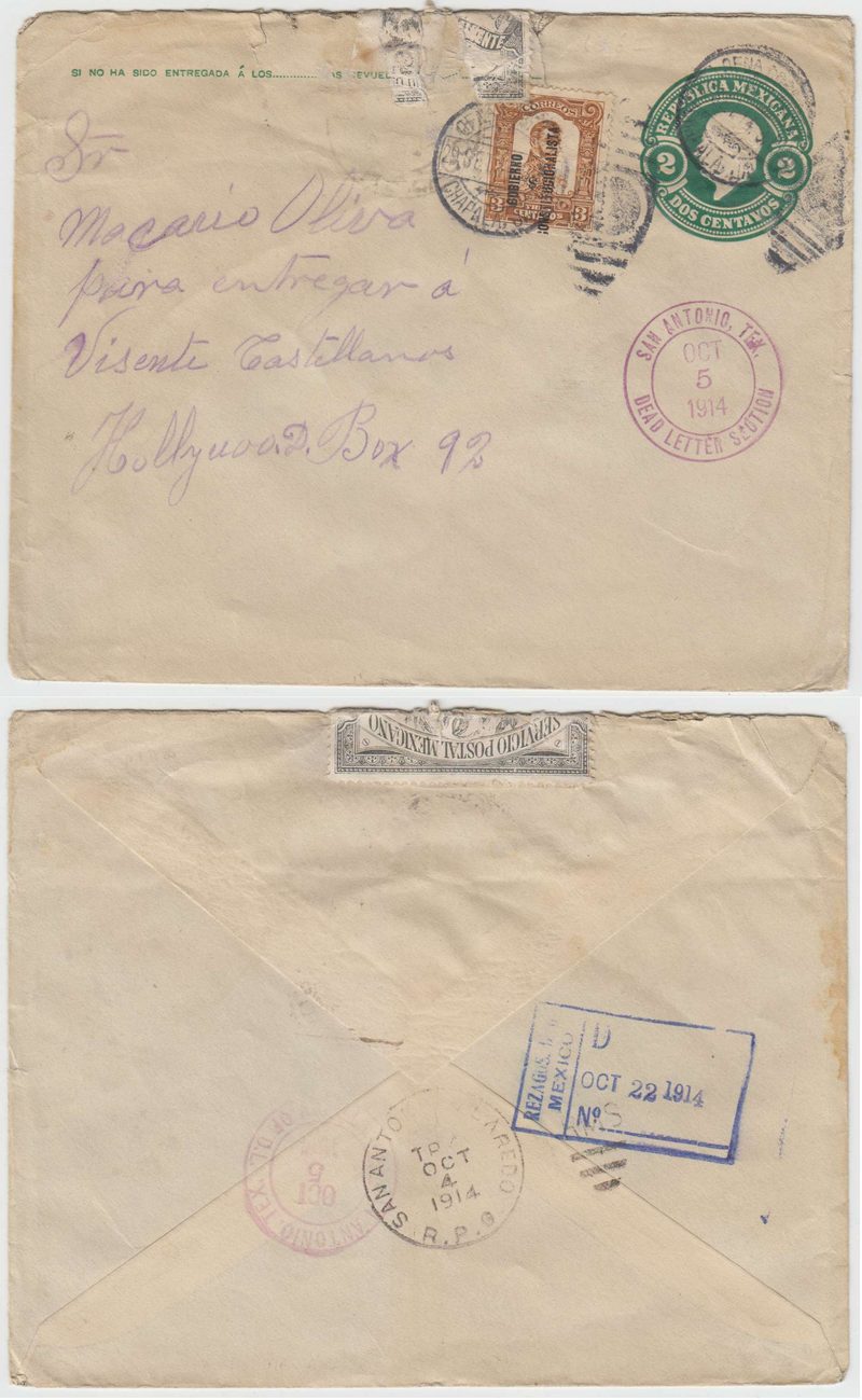 Mexico 1914 — Mepsi E 70b + Scott 425 with "Chapala" duplex to Hollywood with choice San Antonio Tex…