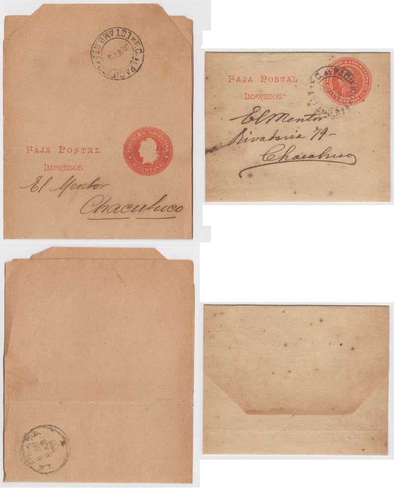 Argentina 1902 — Railroad Tpo "Ambulante" cancels on 2 PS Wrappers, La Plata to Chacabuco with "F