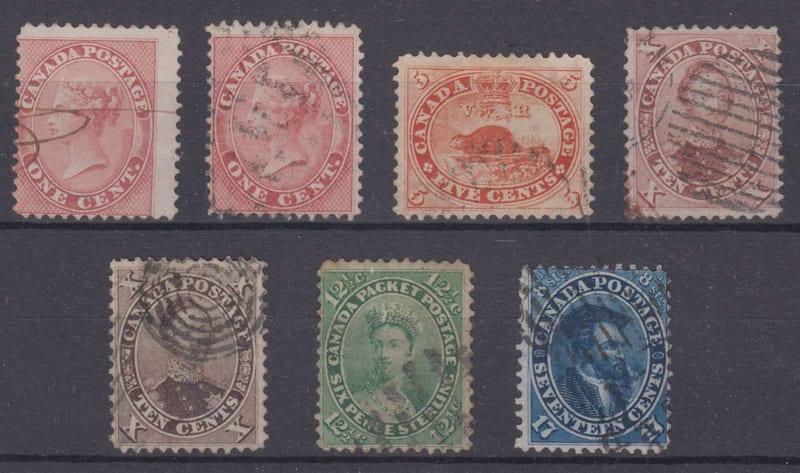 Canada 1859 — Scott 14, 14b, 15, 17a, 17b, 18 & 19 top values