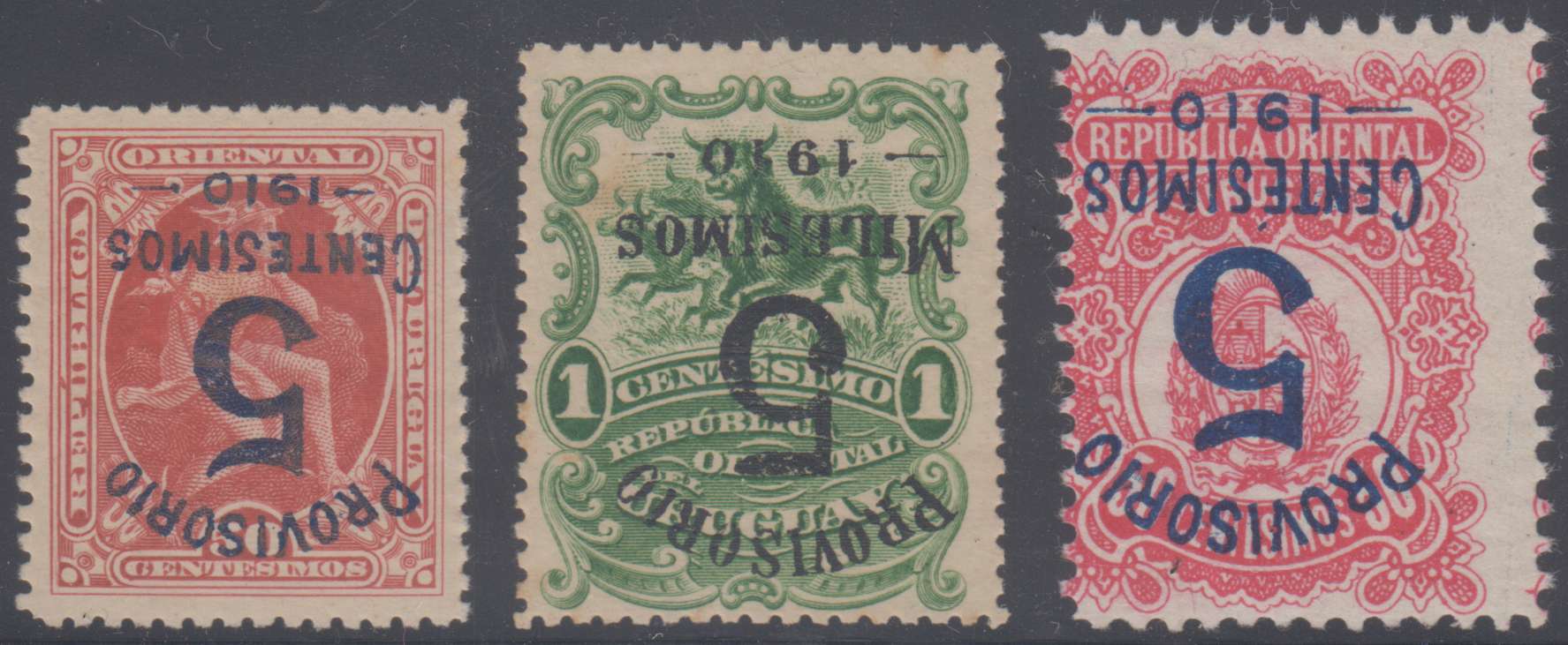 Uruguay 1910 — Scott 184a, 185a & 186b