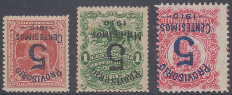 Uruguay 1910 — Scott 184a, 185a & 186b