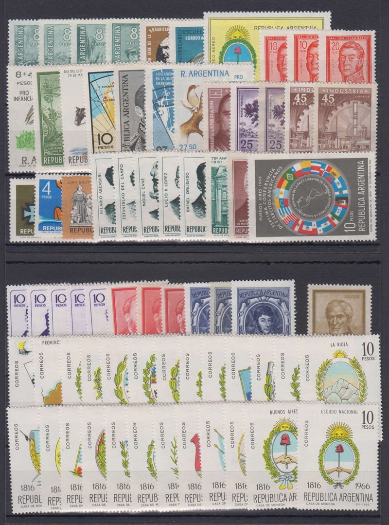 Argentina 1966 — Issues from that year, featuring 70 stamps including Scott unlisted (papers, etc) Mint…