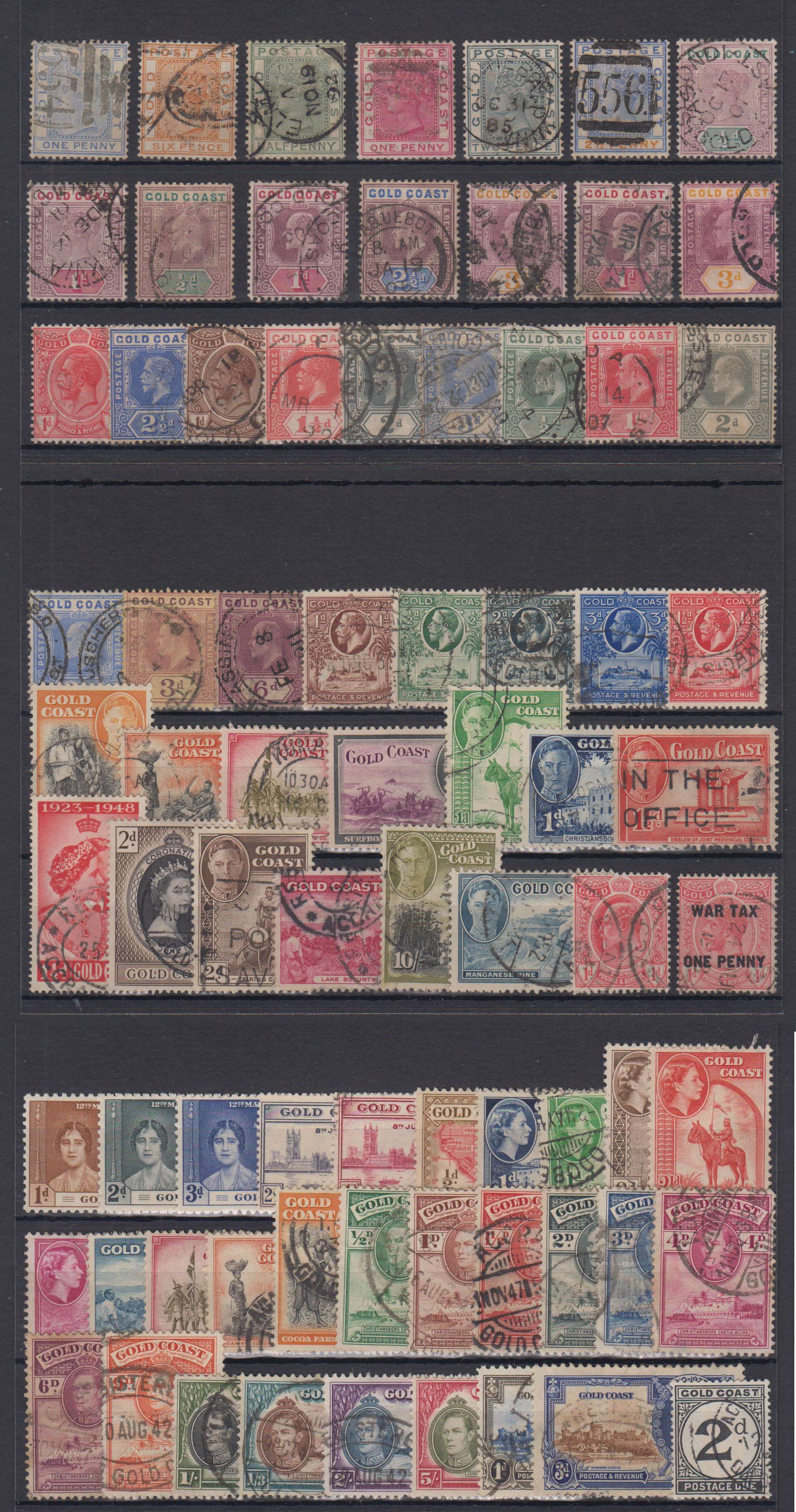 Gold Coast — Group of 76 stamps on cards including Key values & better cancels