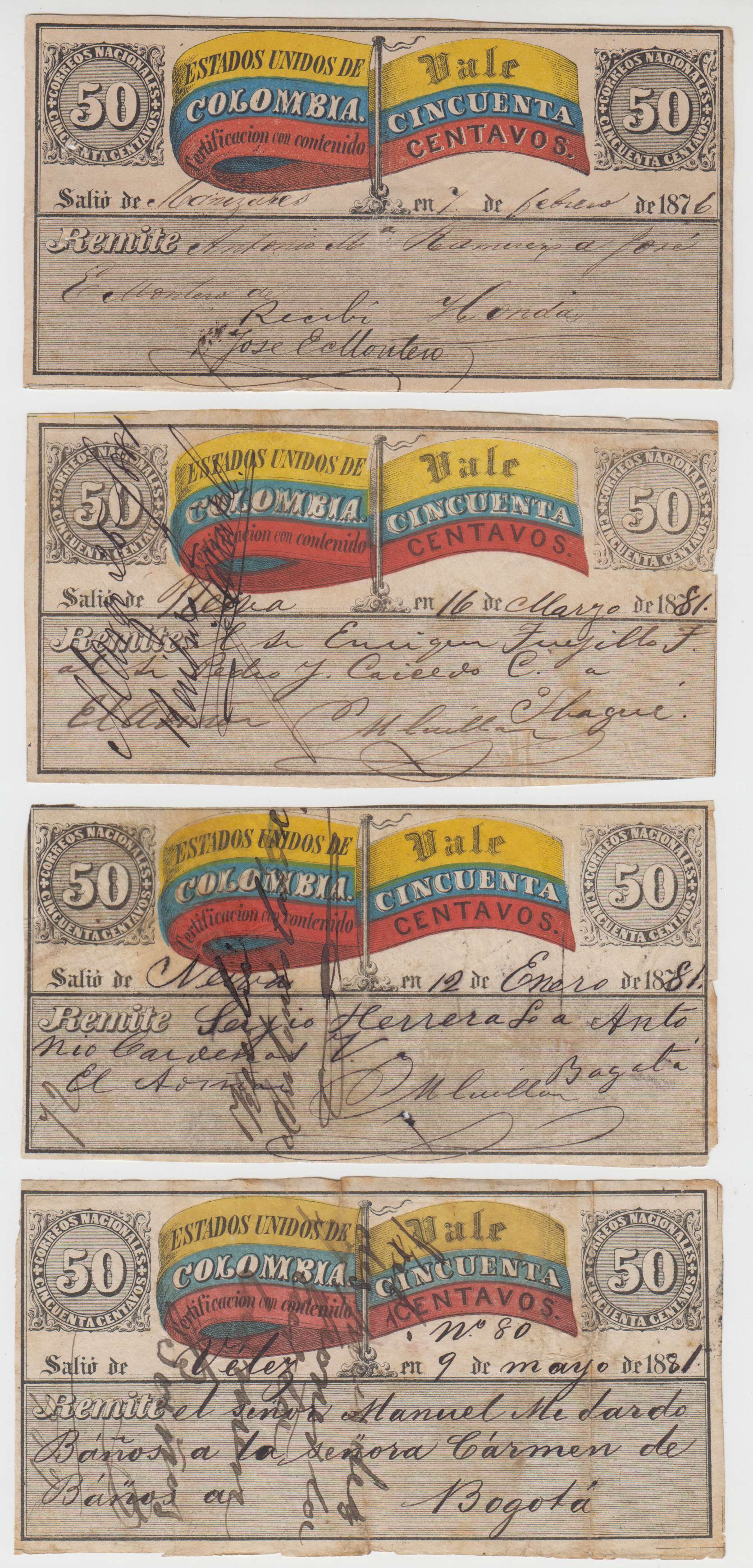 Colombia 1870 — Insured letter stamps