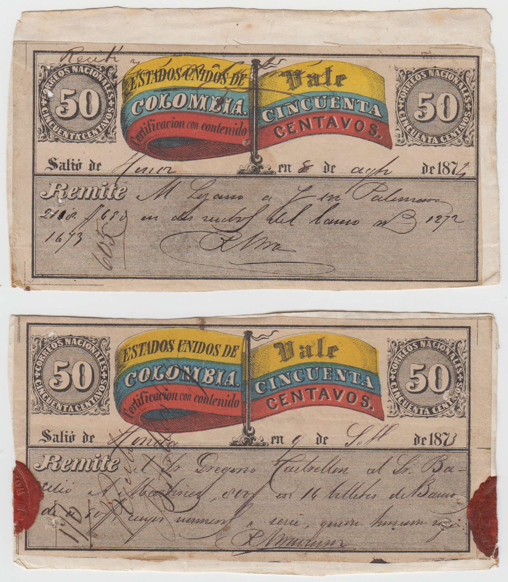 Colombia 1870 — Insured letter stamps