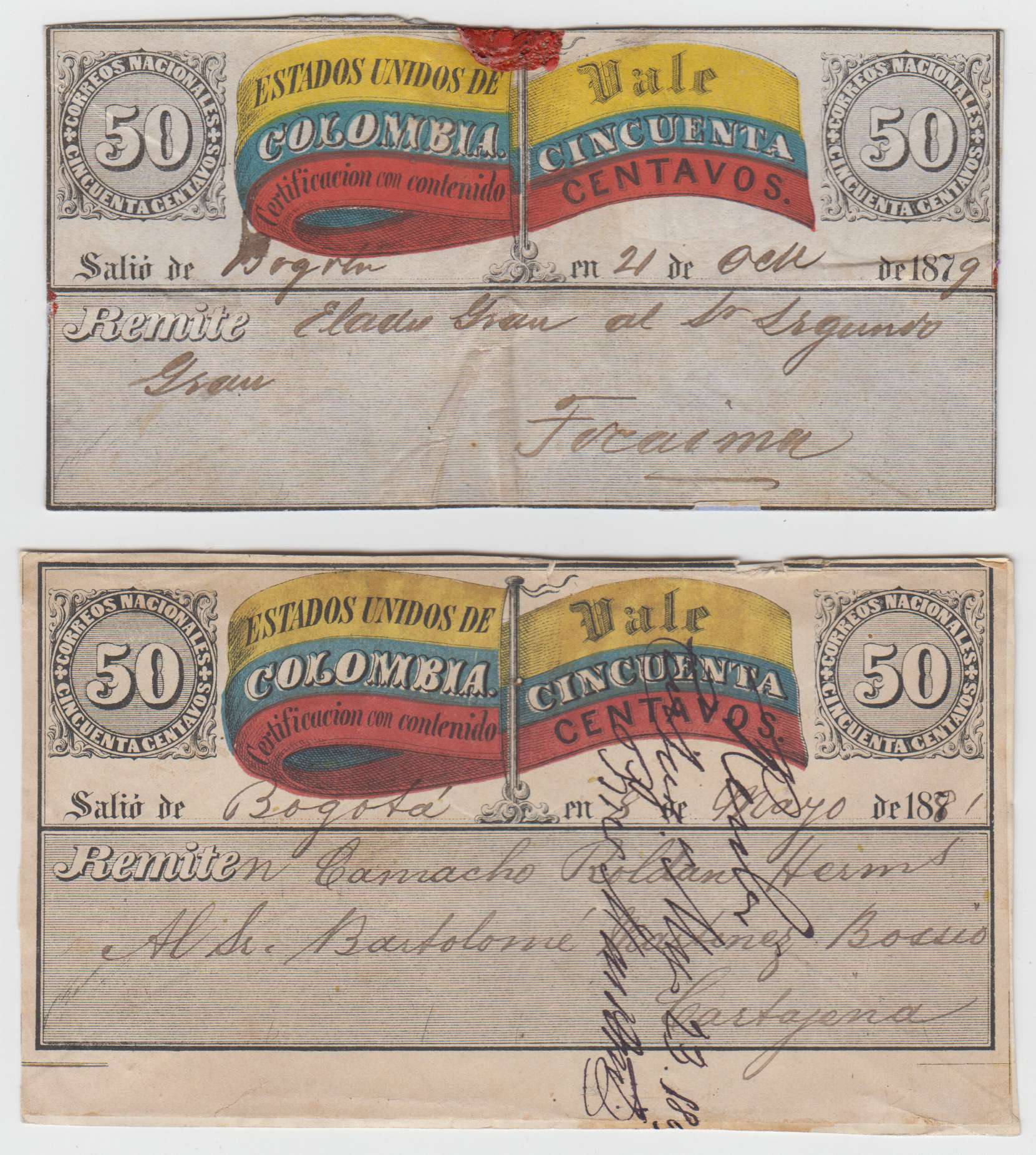 Colombia 1870 — Insured letter stamps