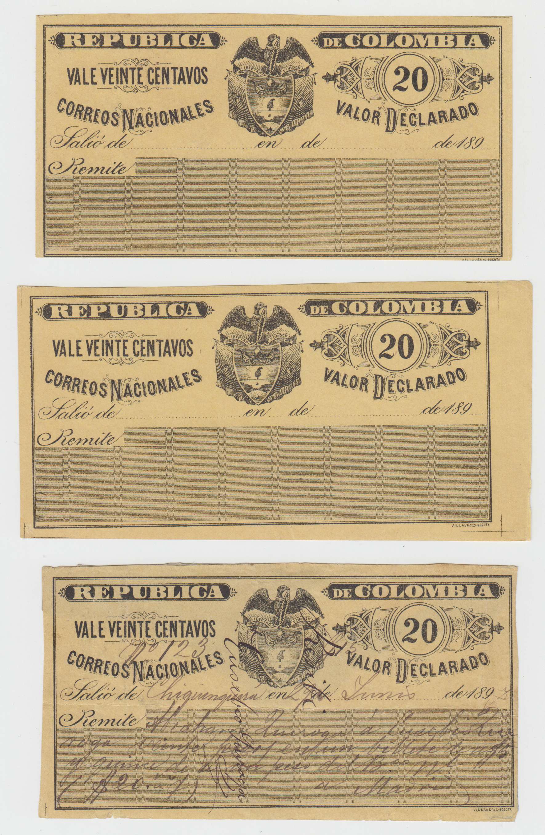 Colombia 1892 — Insured letter stamps