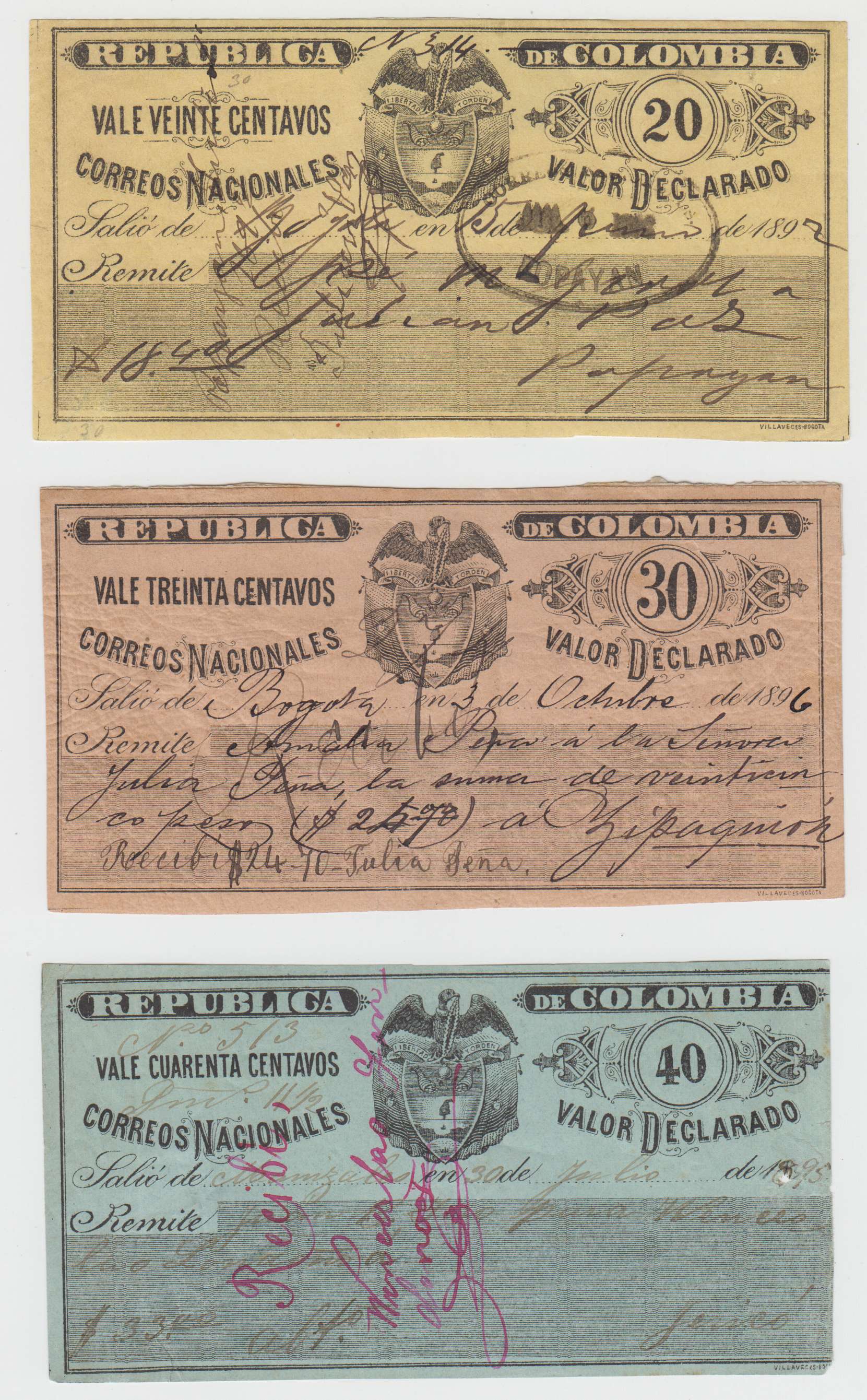Colombia 1892 — Insured letter stamps