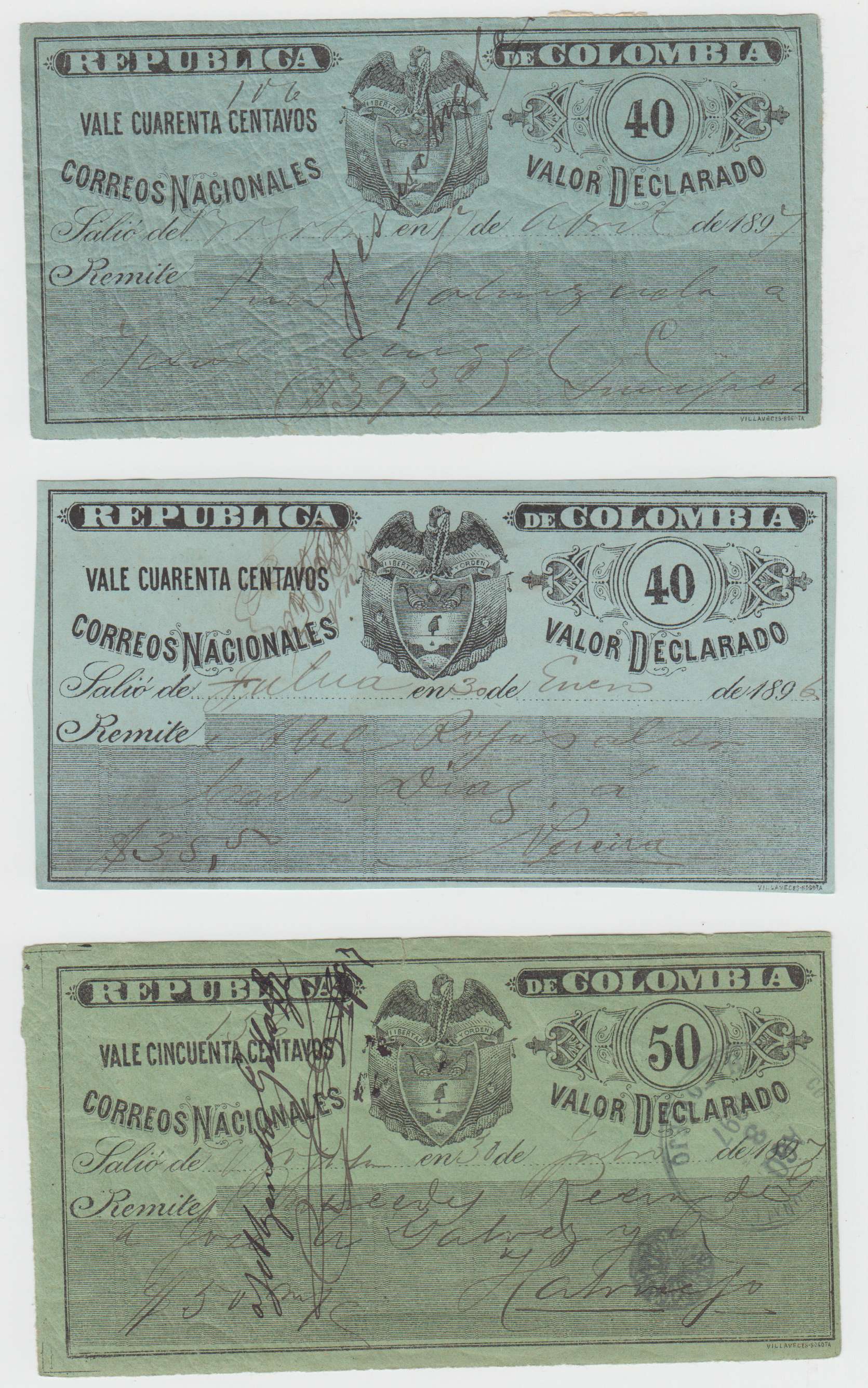 Colombia 1892 — Insured letter stamps