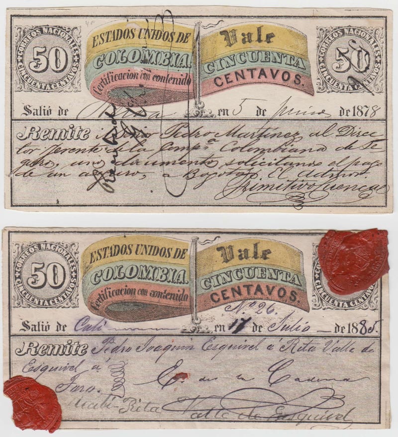 Colombia 1878 — Insured letter stamps