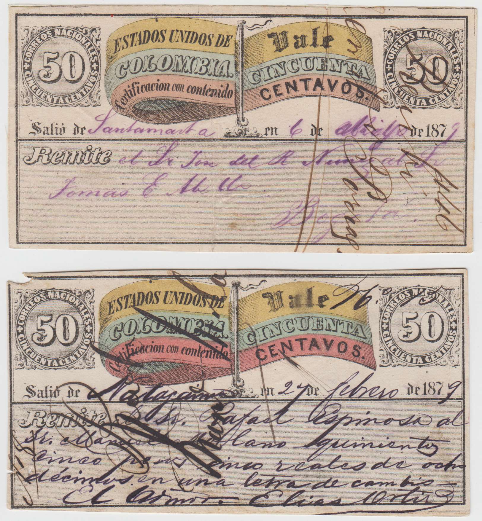 Colombia 1878 — Insured letter stamps