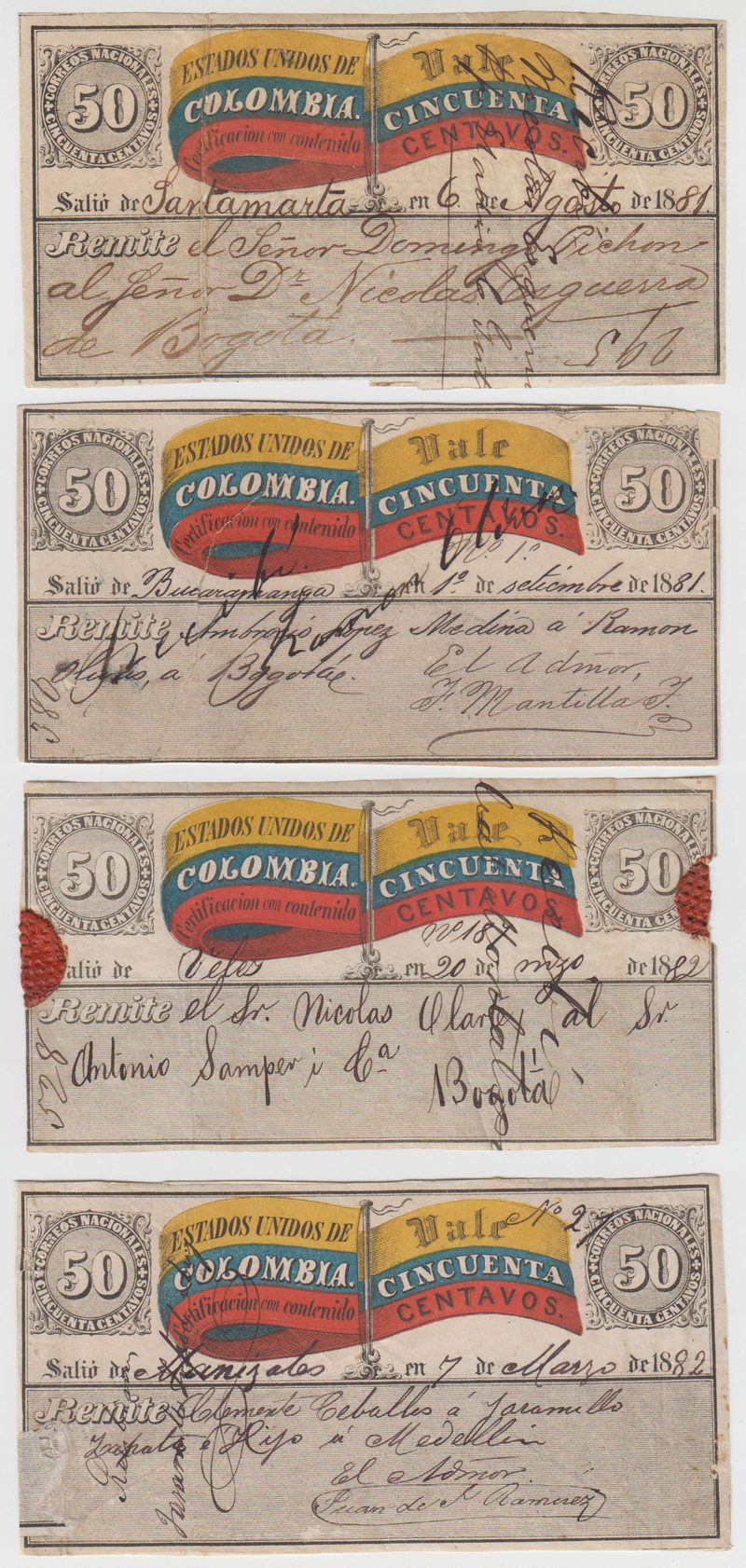 Colombia 1881 — Insured letter stamps