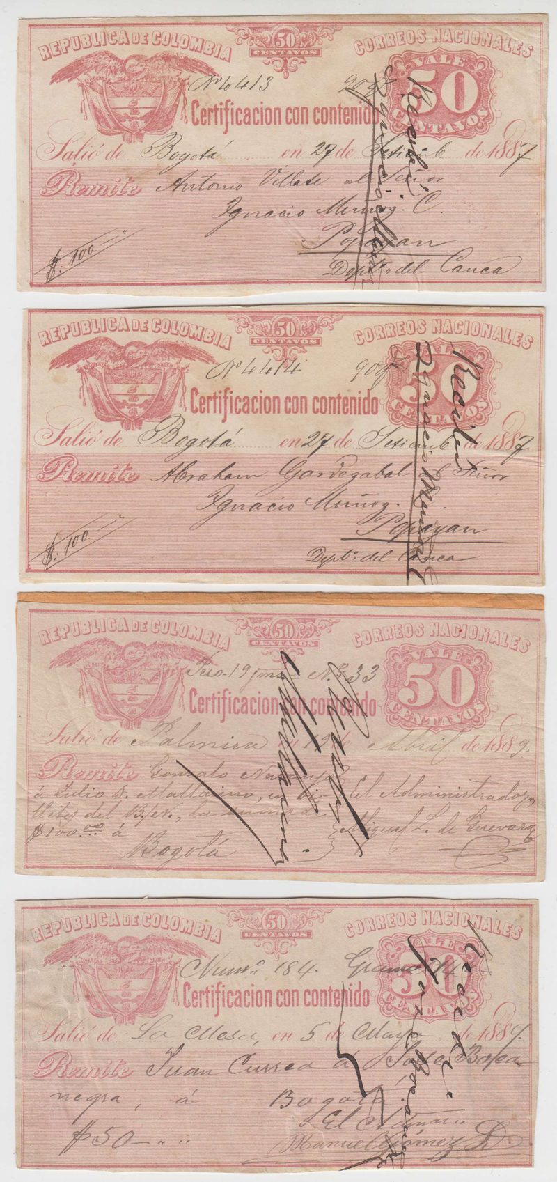 Colombia 1887 — Insured letter stamps
