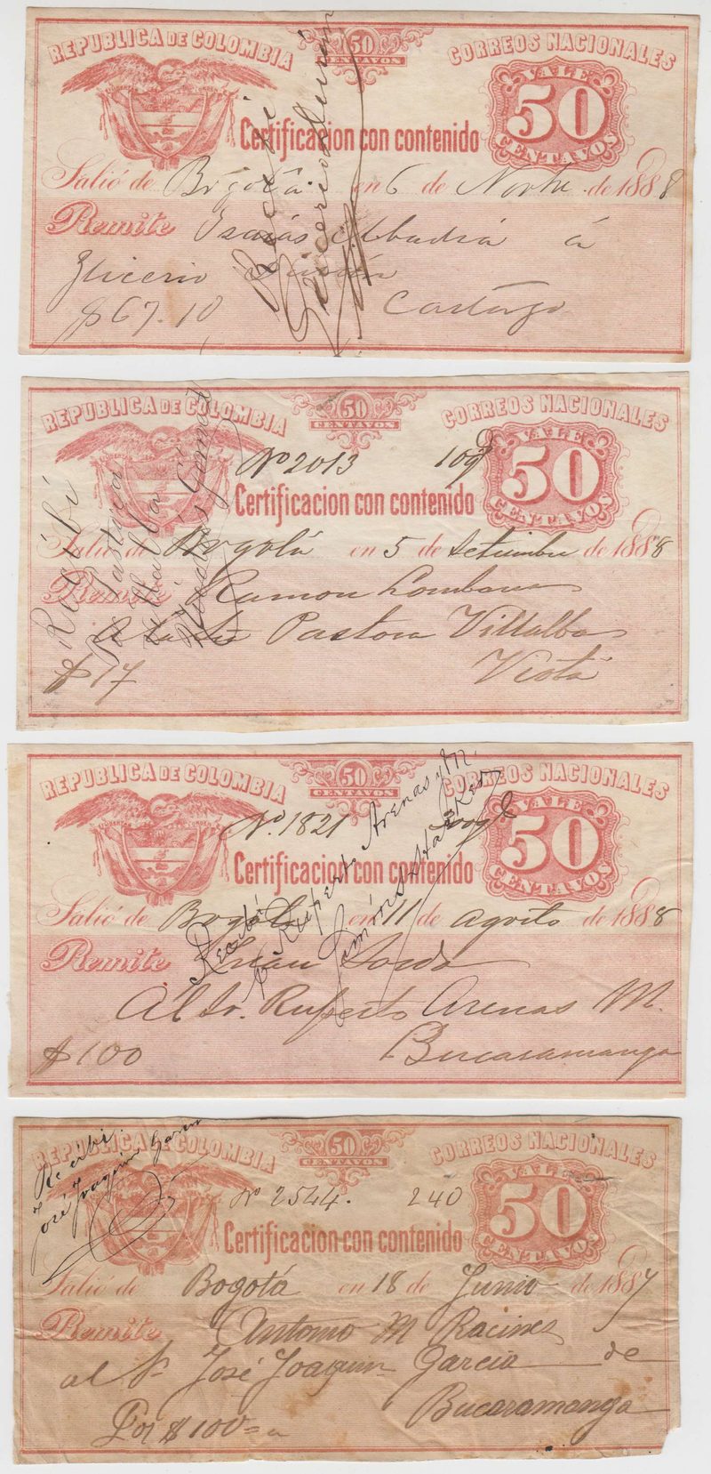 Colombia 1884 — Insured letter stamps