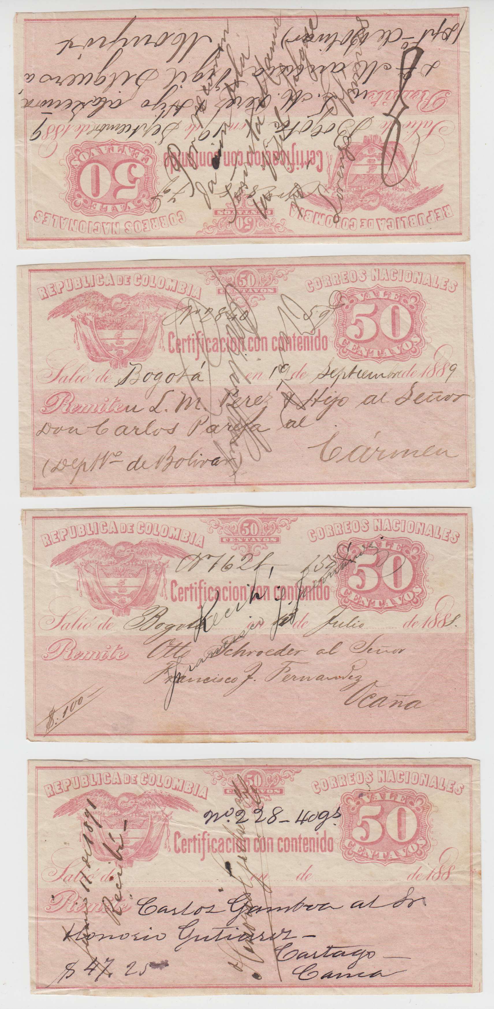 Colombia 1884 — Insured letter stamps