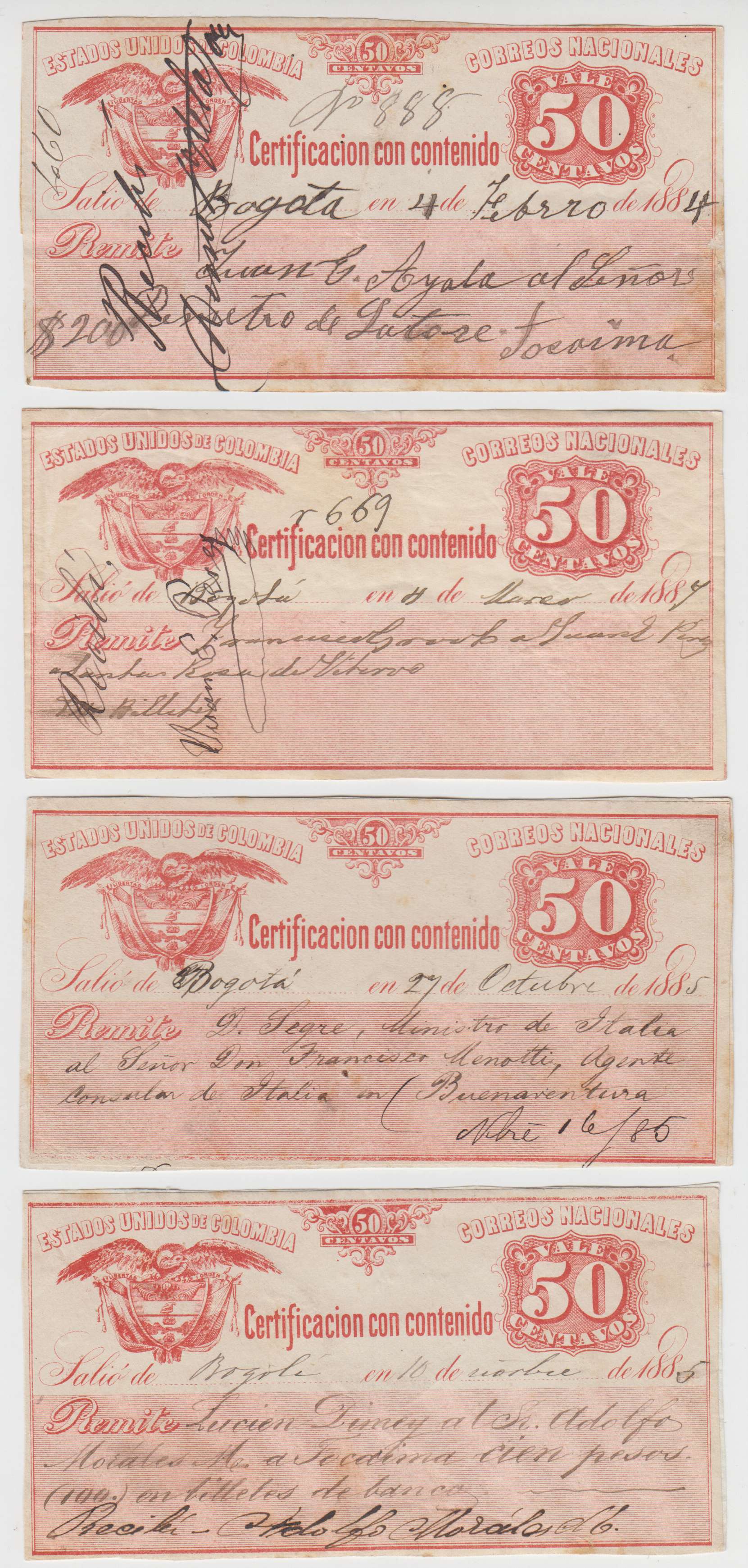 Colombia 1884 — Insured letter stamps
