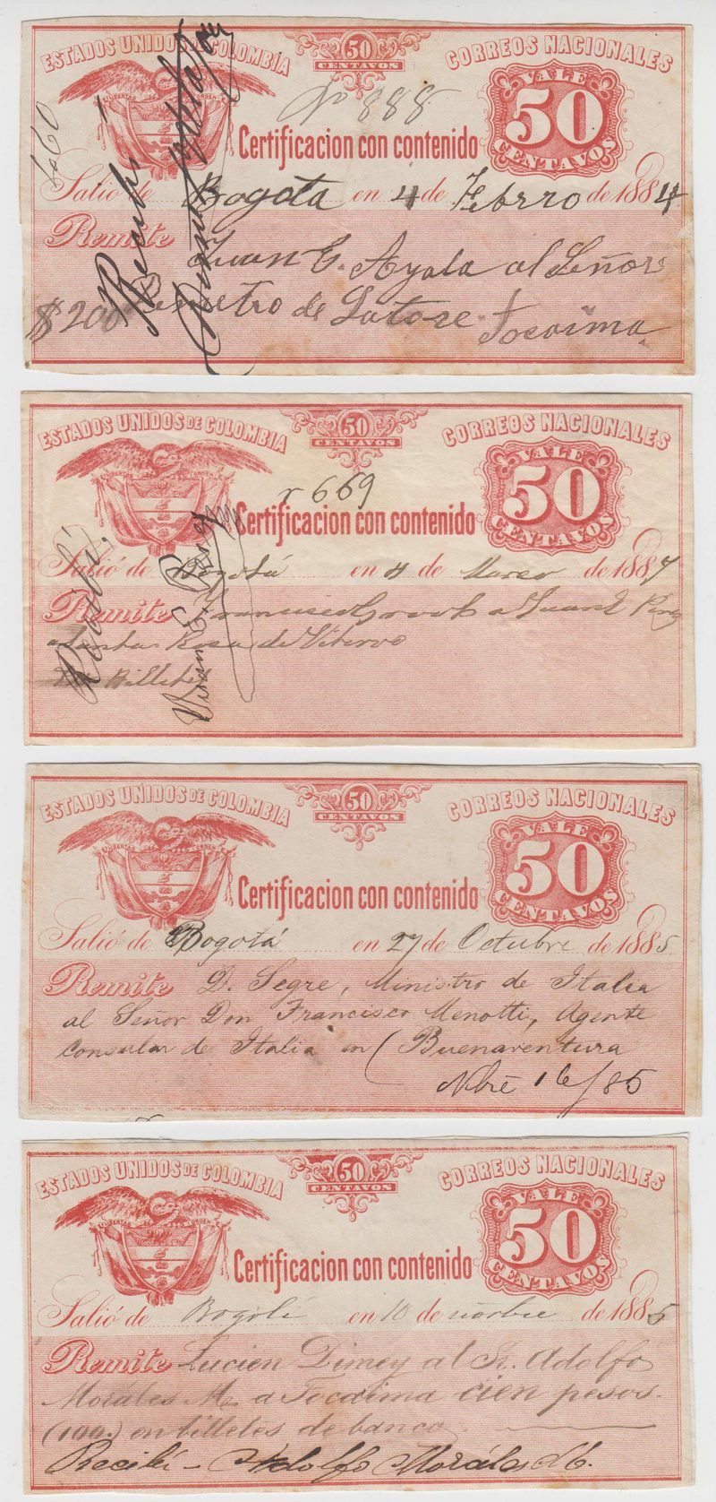 Colombia 1884 — Insured letter stamps