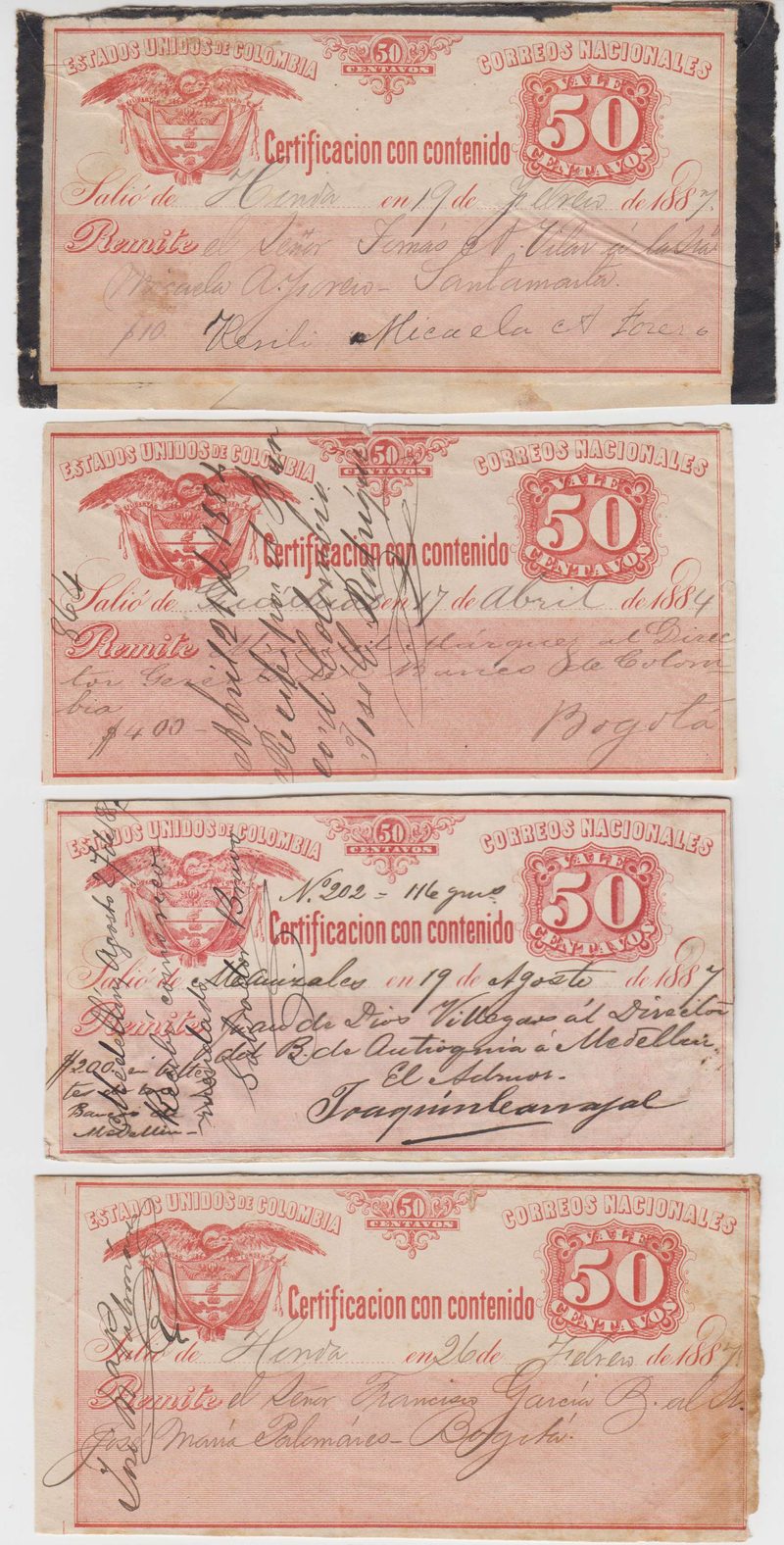 Colombia 1884 — Insured letter stamps