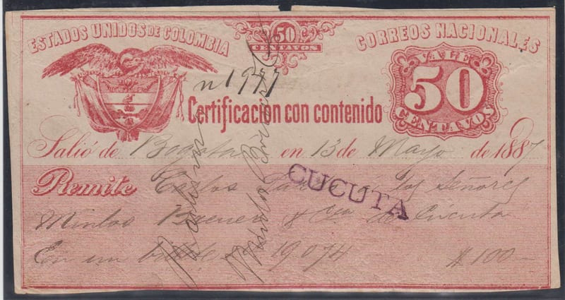 Colombia 1887 — Insured letter stamps