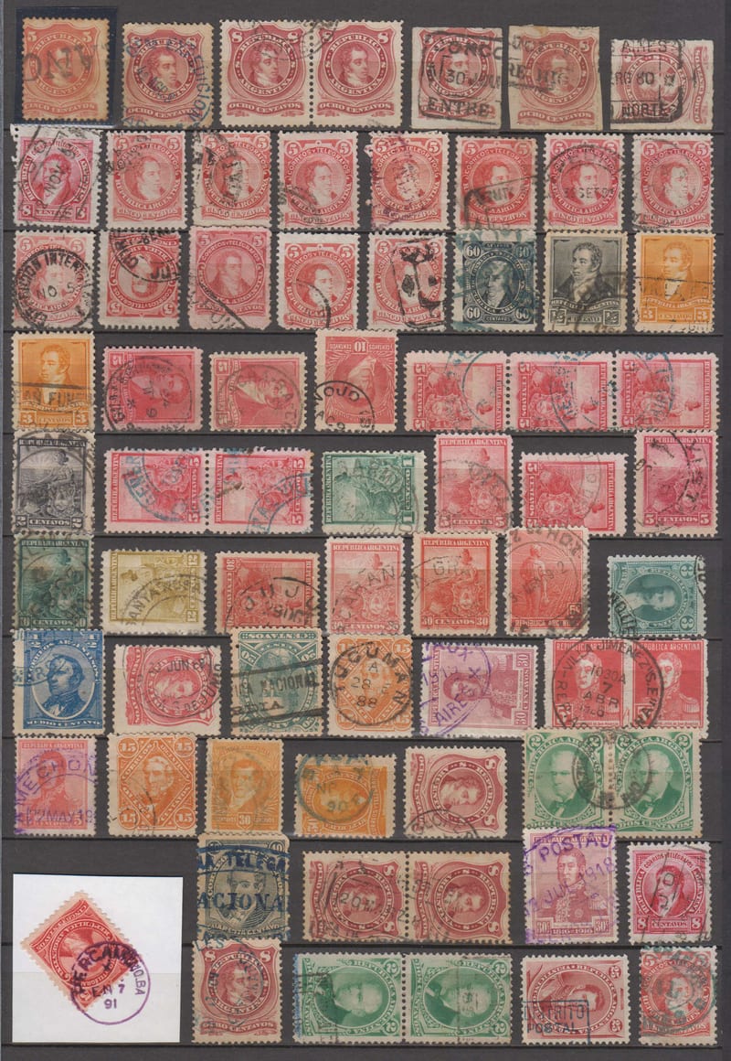 Argentina 1867 — Choice & selected cancels on 69 stamps with pairs & a strip of three