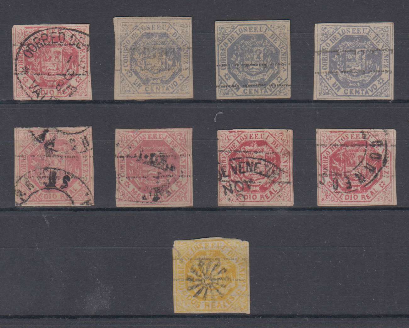 Venezuela 1873 — Scott 37, 40a, 42a & 44a top value