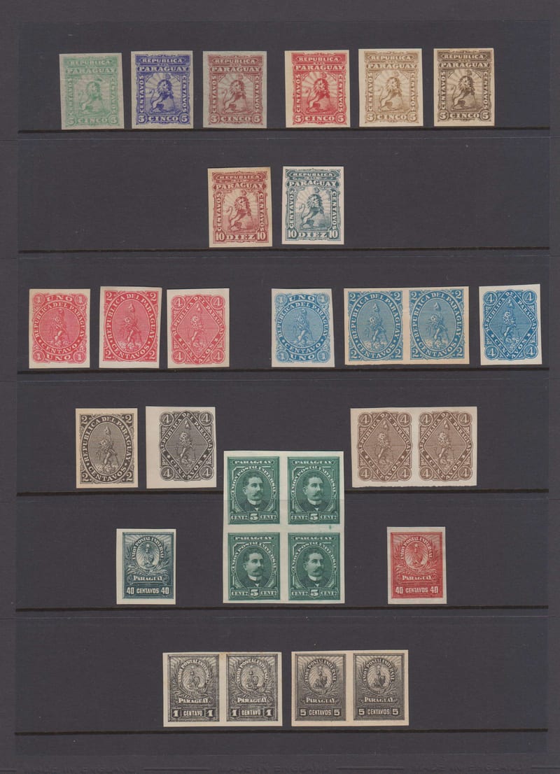 Paraguay 1879 — Collection of 103 Imperf Proofs or Essays on issued or unissued colors, Scott 10 thru 244…