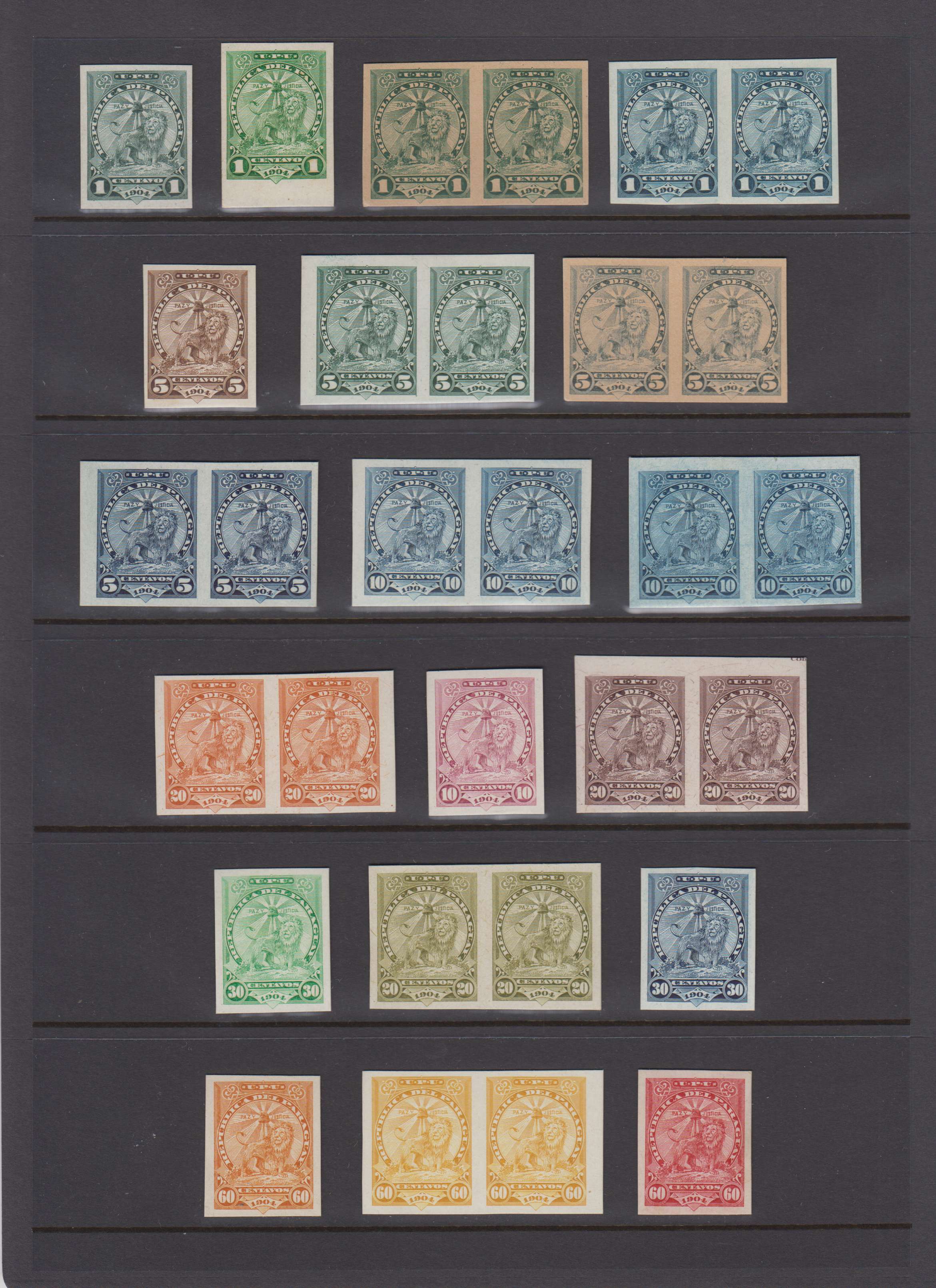 Paraguay 1879 — Collection of 103 Imperf Proofs or Essays on issued or unissued colors, Scott 10 thru 244…