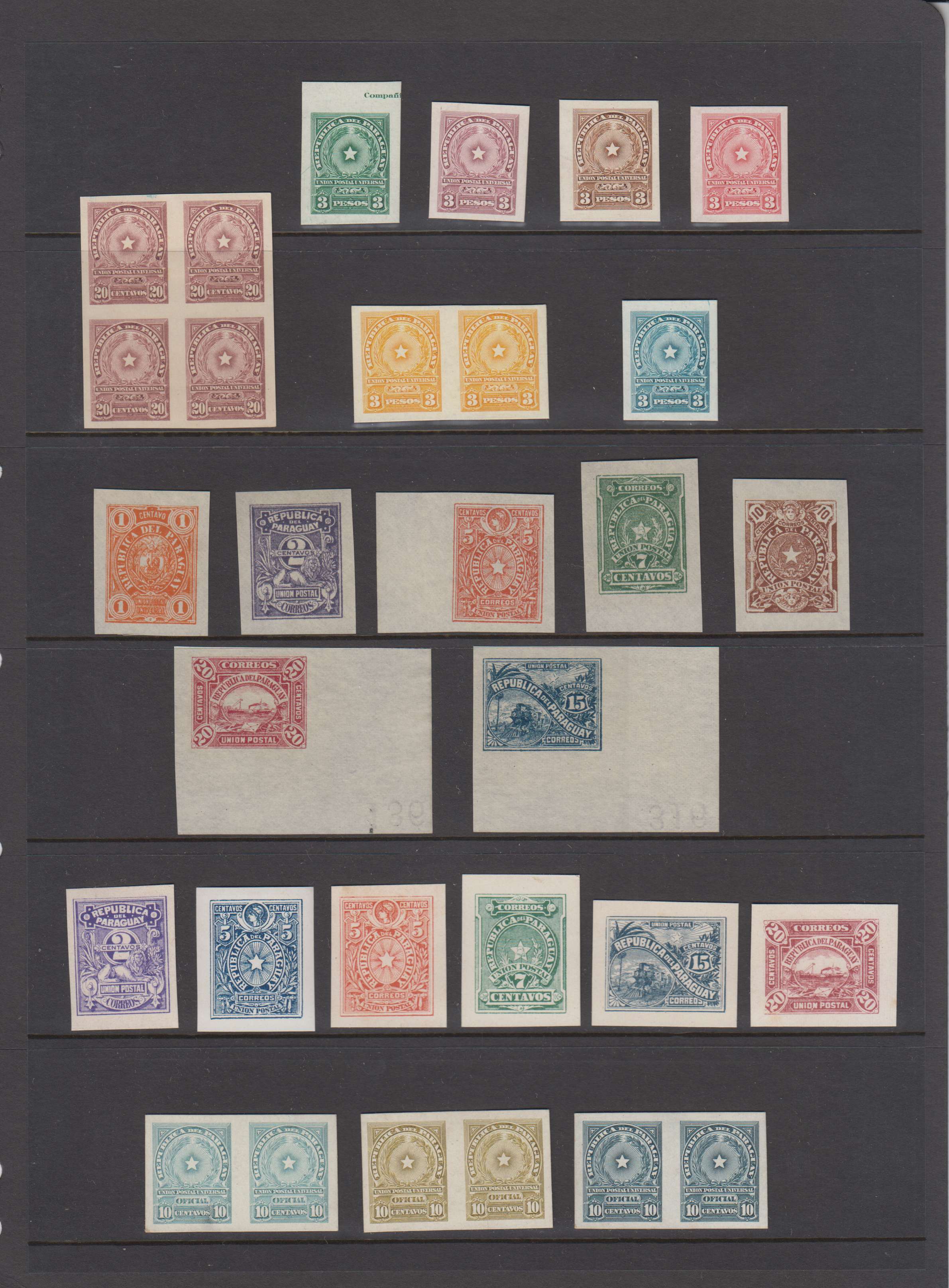 Paraguay 1879 — Collection of 103 Imperf Proofs or Essays on issued or unissued colors, Scott 10 thru 244…