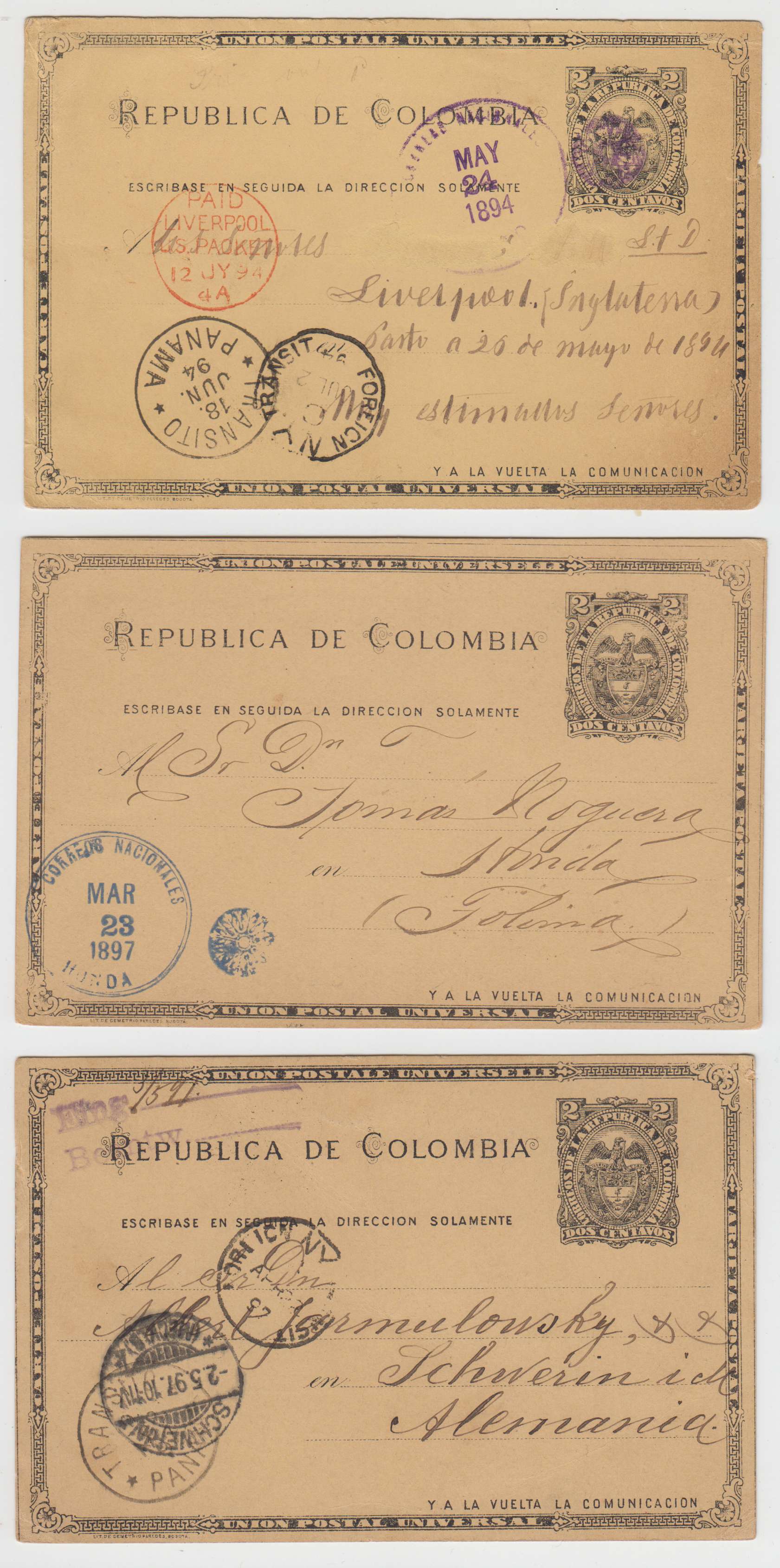 Colombia 1894 — 2 cents black on buff or orange yellow