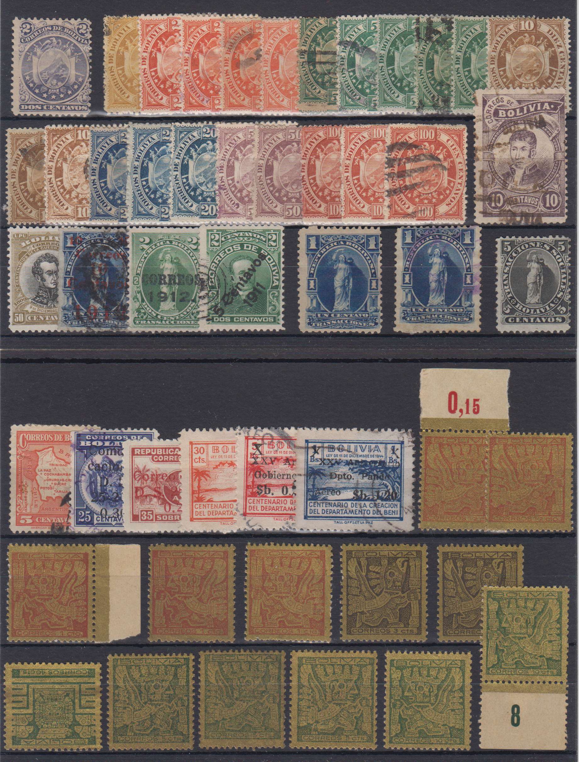 Bolivia — Selection on cards including 69 stamps & a franchise cachet cut-out