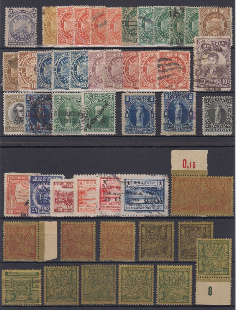 Bolivia — Selection on cards including 69 stamps & a franchise cachet cut-out