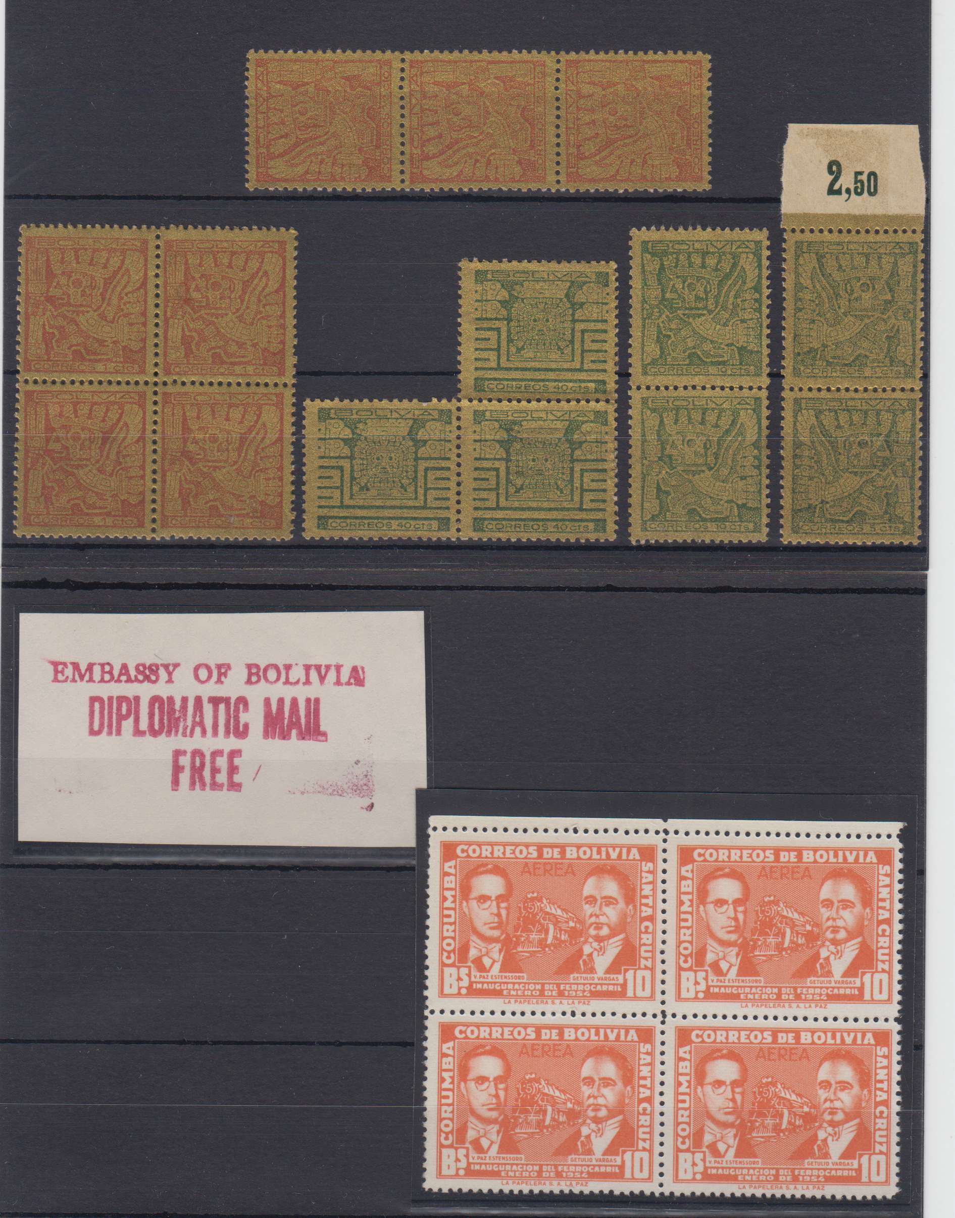 Bolivia — Selection on cards including 69 stamps & a franchise cachet cut-out