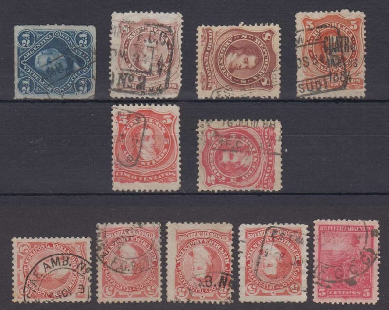 Argentina 1878 — Railroad Tpo Cancels on 11 singles including Est