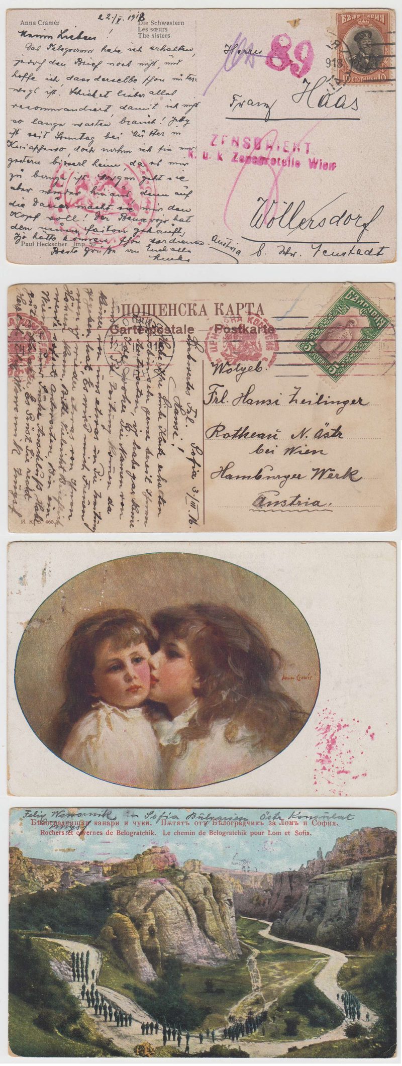 Bulgaria 1916 — Wwi censored Ppc's to Austria