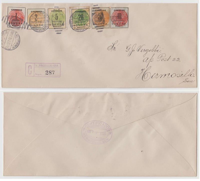Mexico 1915 — Scott 394-398 & 400 top value on two registered covers tied by "Hermosillo Son" cds used…